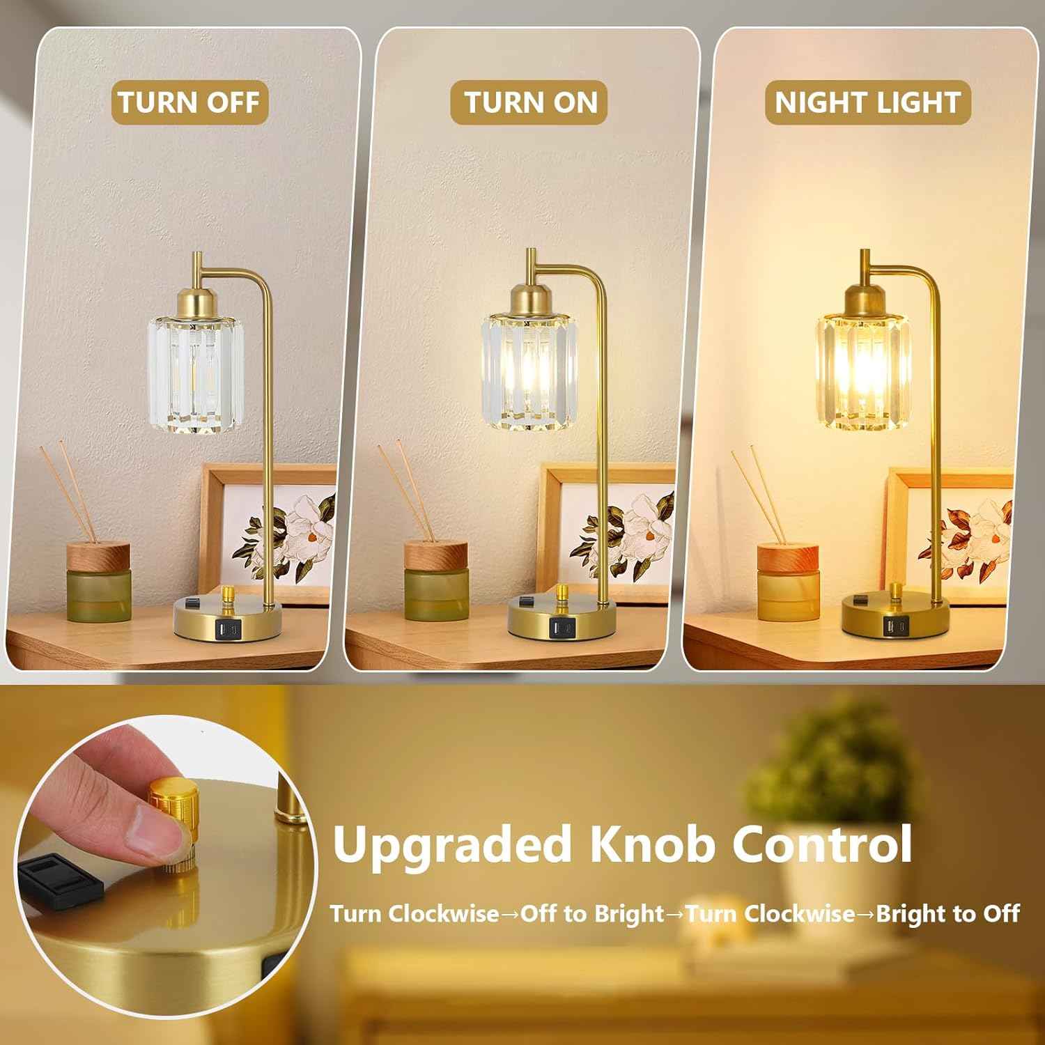 Modern Gold Crystal Table Lamps Set of 2 with LED Bulbs & USB Port - Elegant Bedside Lighting