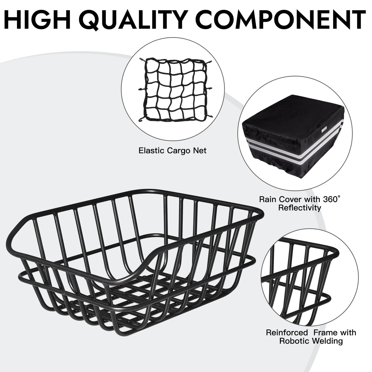 RAYMACE Bike Basket Rear with Cargo Net and High Reflectivity Waterproof Cover,Bicycle Baskets for Adult Bikes,Easy to Install and Large Capacity Bike Accessories