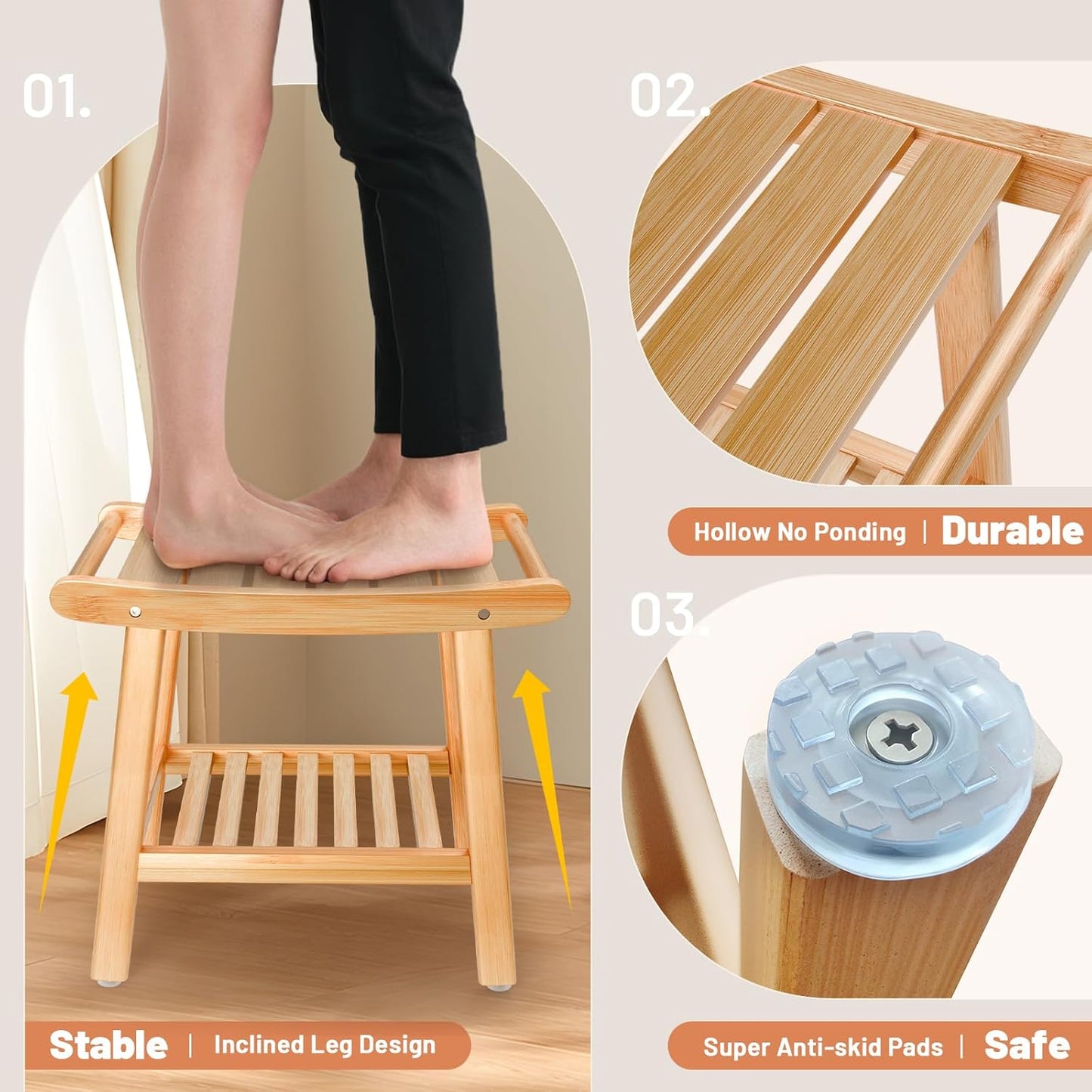 Bamboo Shower Bench with Storage Shelf - Waterproof Spa Stool for Seniors & Disabled