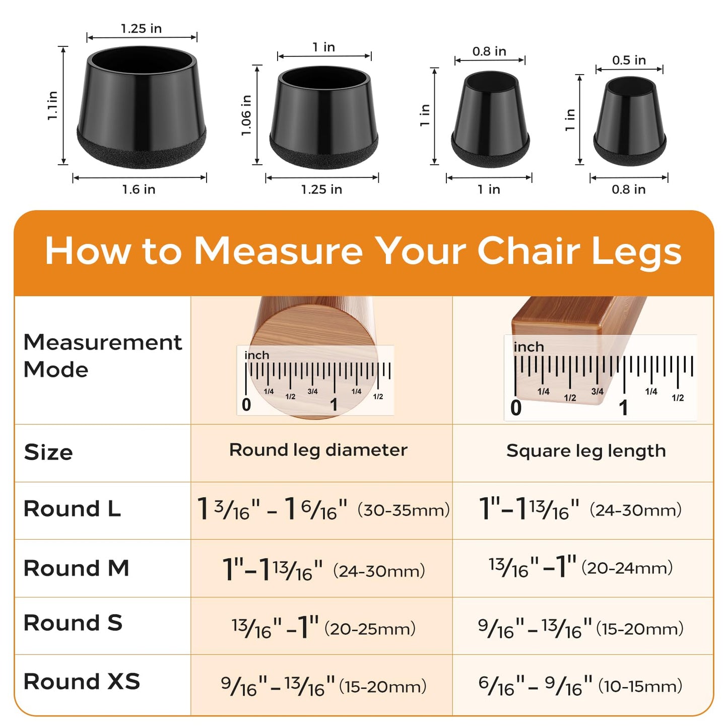 yomanta 24 PCS Silicone & Felt Chair Leg Floor Protectors for Hardwood Floors - Furniture Pads, Chair Leg Covers/Cups - No Noise & Scratch-Proof - Round M (Fits 1"-1 3/16" / 24-30mm), Black
