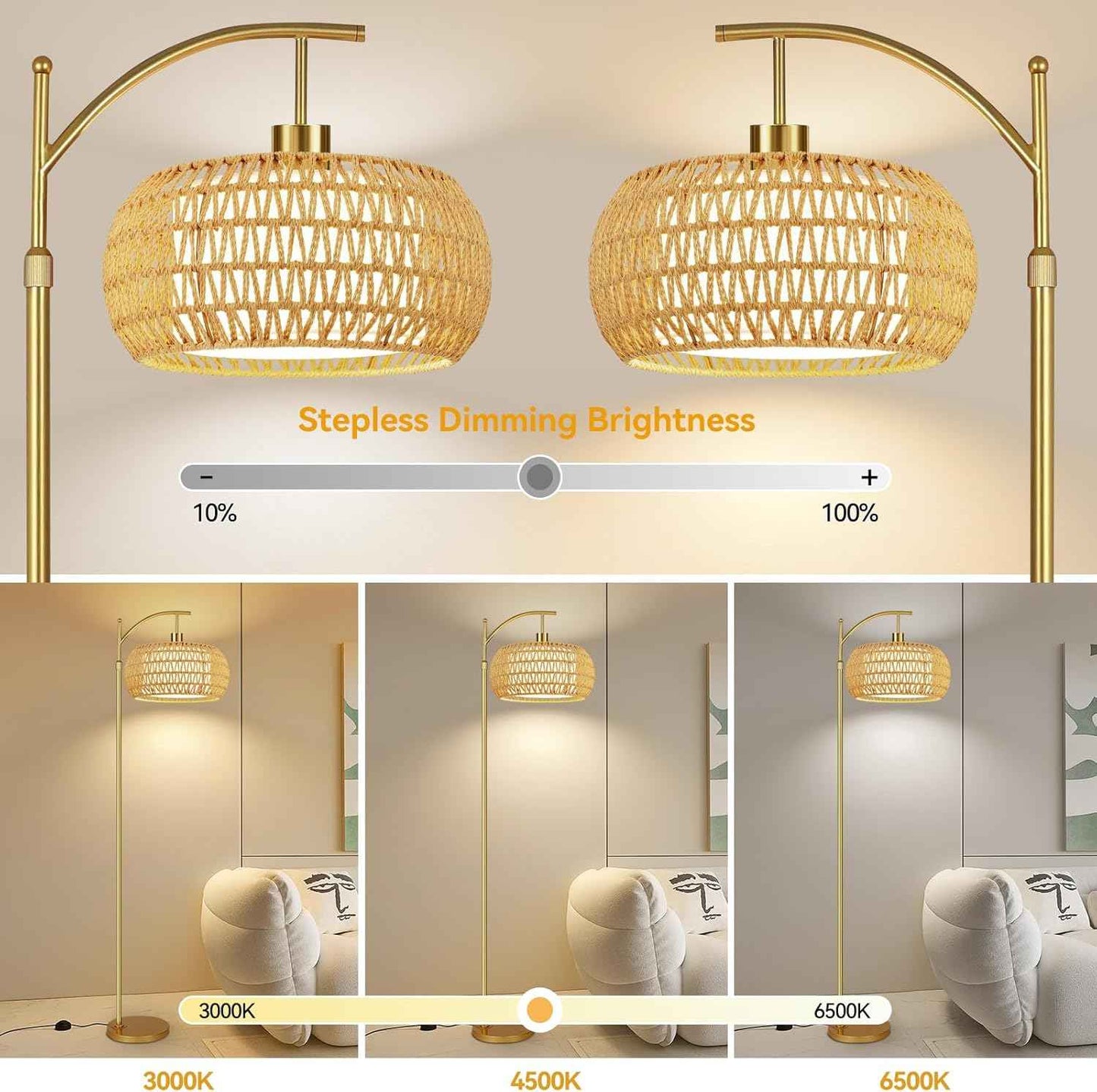 Boho Gold Floor Lamp with Remote Control | Dimmable Rattan & Wicker Design for Living Room