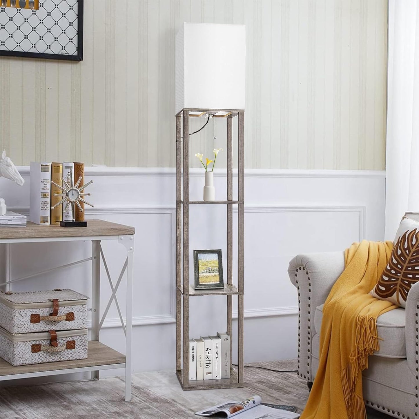 Modern Wood Corner Floor Lamp with Shelves & 3 CCT LED Bulb - Rustic Nightstand & Display Lamp for Living Room, Bedroom, Office