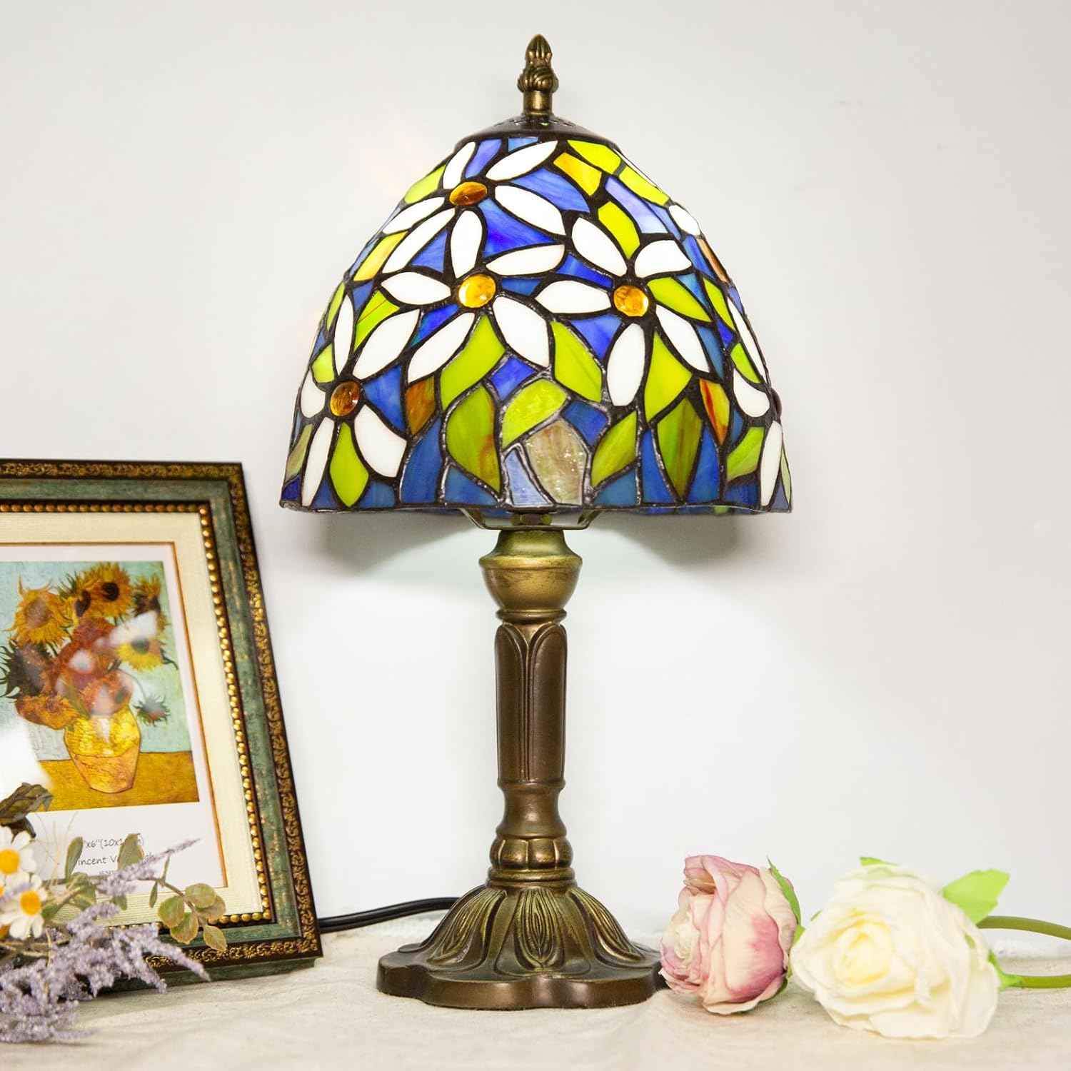 Tiffany Table Lamp - 8 Inch Antique Stained Glass, 3 Color Temperatures, Handcrafted for Bedroom & Living Room
