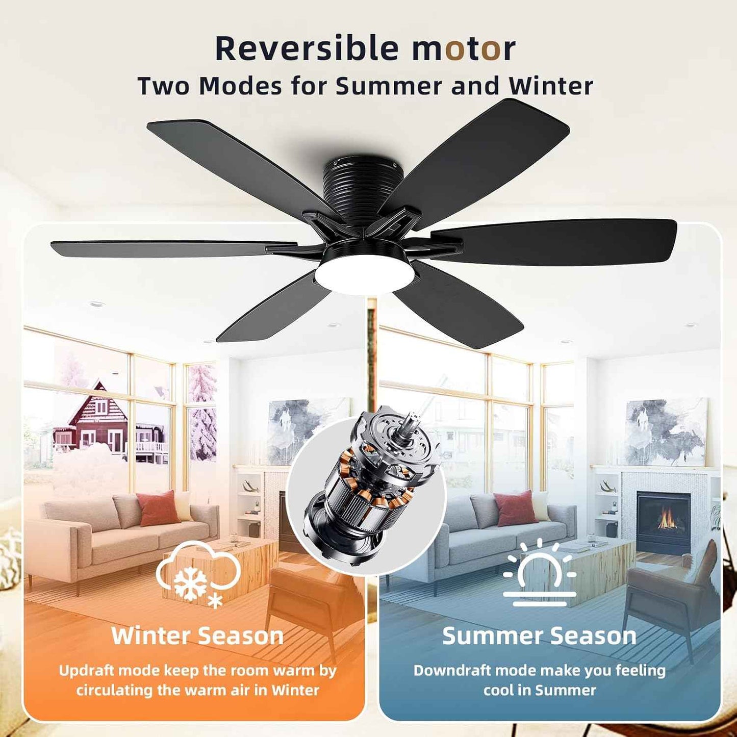 52-Inch Black Ceiling Fan with Lights & Remote Control - Modern Low Profile LED/RGB Dimmable Flush Mount for Bedroom