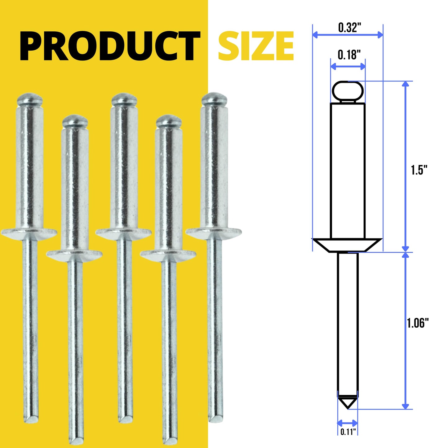 100PCS Large Flange Aluminum Pop Rivets 3/16" x 1/2" Dome Body Blind Rivet Set for Sheet Steel Duct Work Marine Long Pop Rivets with Big Head Steel Mandrel Aluminum Boat Rivets