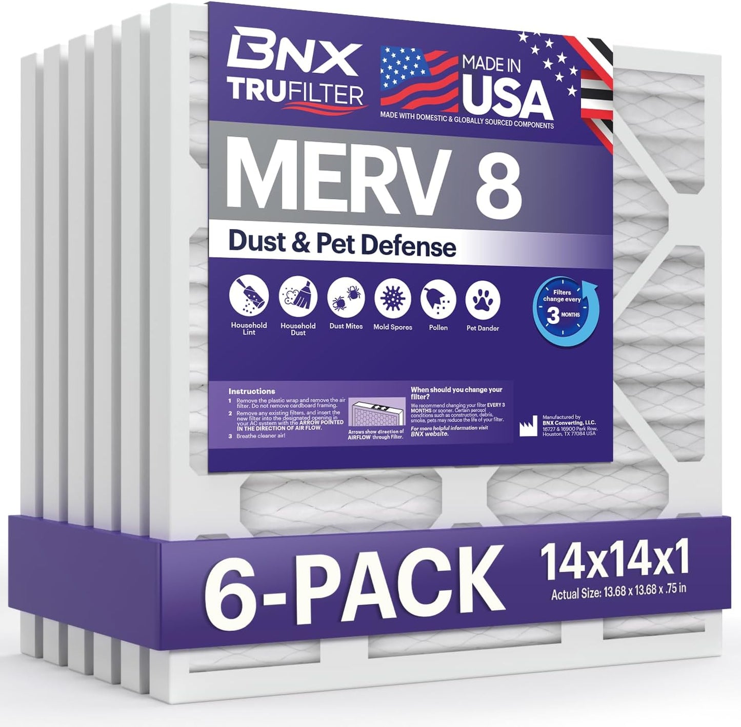 BNX TruFilter 12x12x1 MERV 8 Air Filters (6-Pack) - USA-Made Dust & Pet Defense for HVAC