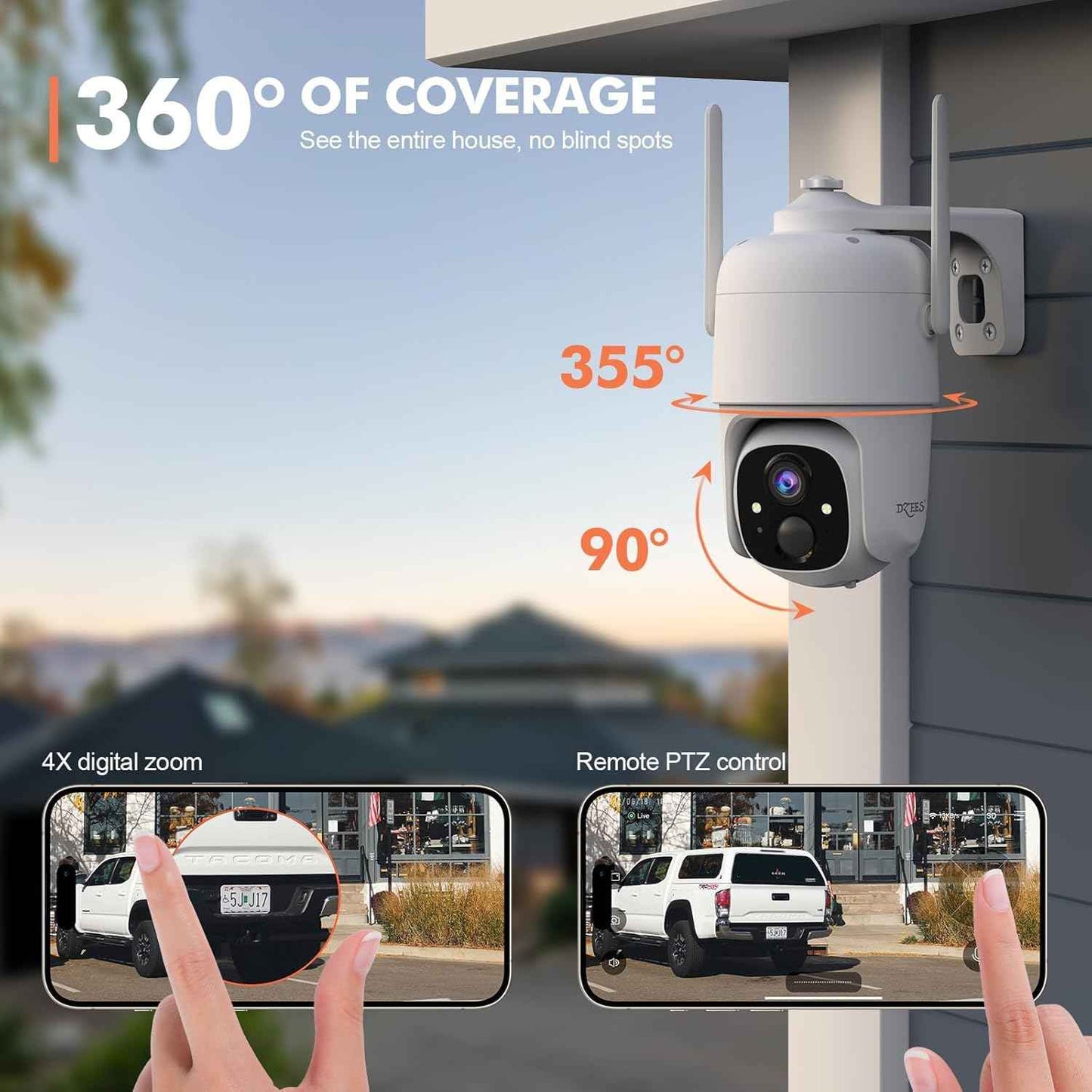 2K Wireless Outdoor Security Camera - Dzees 360° PTZ, Color Night Vision, AI Motion Detection, 2-Way Talk, IP66