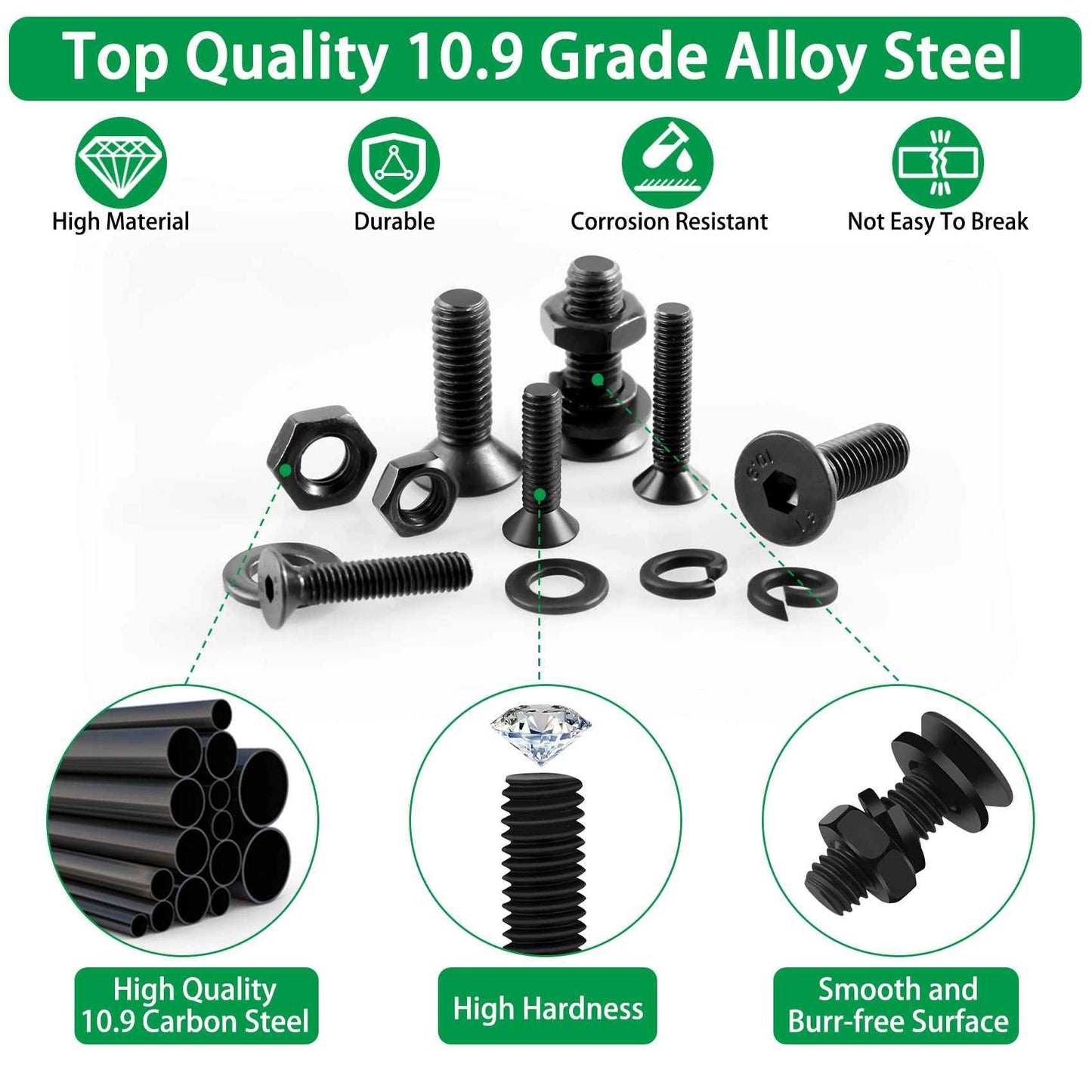 Metric Screws Suitable for 3D Printer DIY, 1500PCS M2 M3 M4 M5 M6 Screw and Nut Assortment Hex Socket Flat Head Cap 10.9 Grade Alloy Steel, Black Zinc Plated Metric Bolts and Nuts Assortment Kit