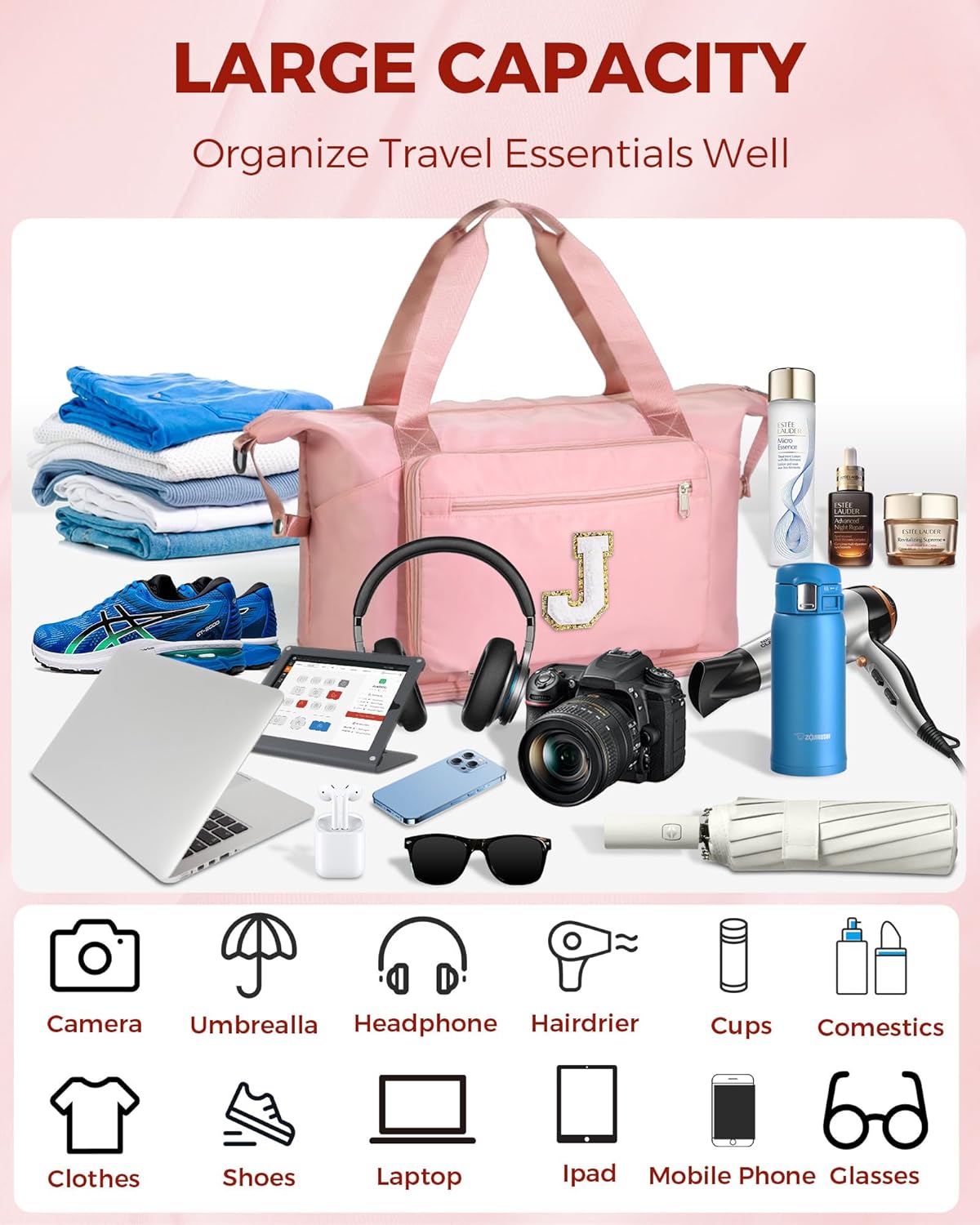 Skiennix Initial Duffle Bag - Trendy Travel & Gym Overnight Bag with Shoe Compartment | Pink J