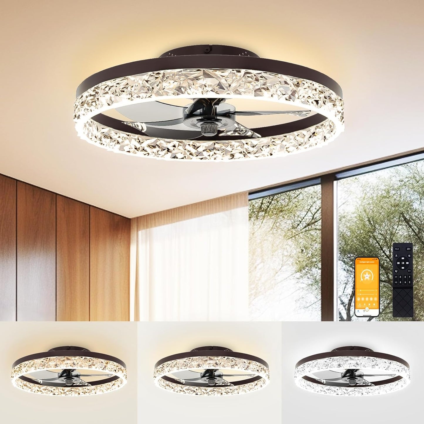 Modern Bladeless Ceiling Fan with Light & Remote - 15.7in Low Profile Fandelier, Dimmable 3000K-6500K for Bedroom