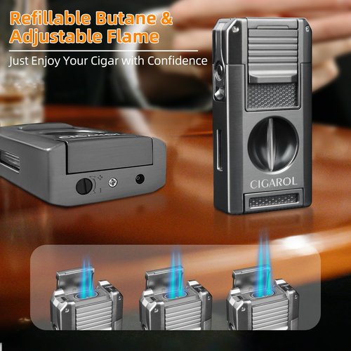 CIGAROL Cigar Lighter, 5-in-1 Cigar Torch Lighter, Double Jet Flame, V Cutter, Punch, Draw Enhancer & Cigar Rest – Butane Refillable Travel Cigar Lighter for Men