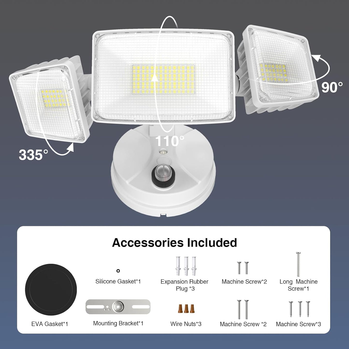 100W Dusk to Dawn LED Outdoor Flood Light - 11000LM Waterproof Security Light with 3 Heads Photocell for Garage & Yard