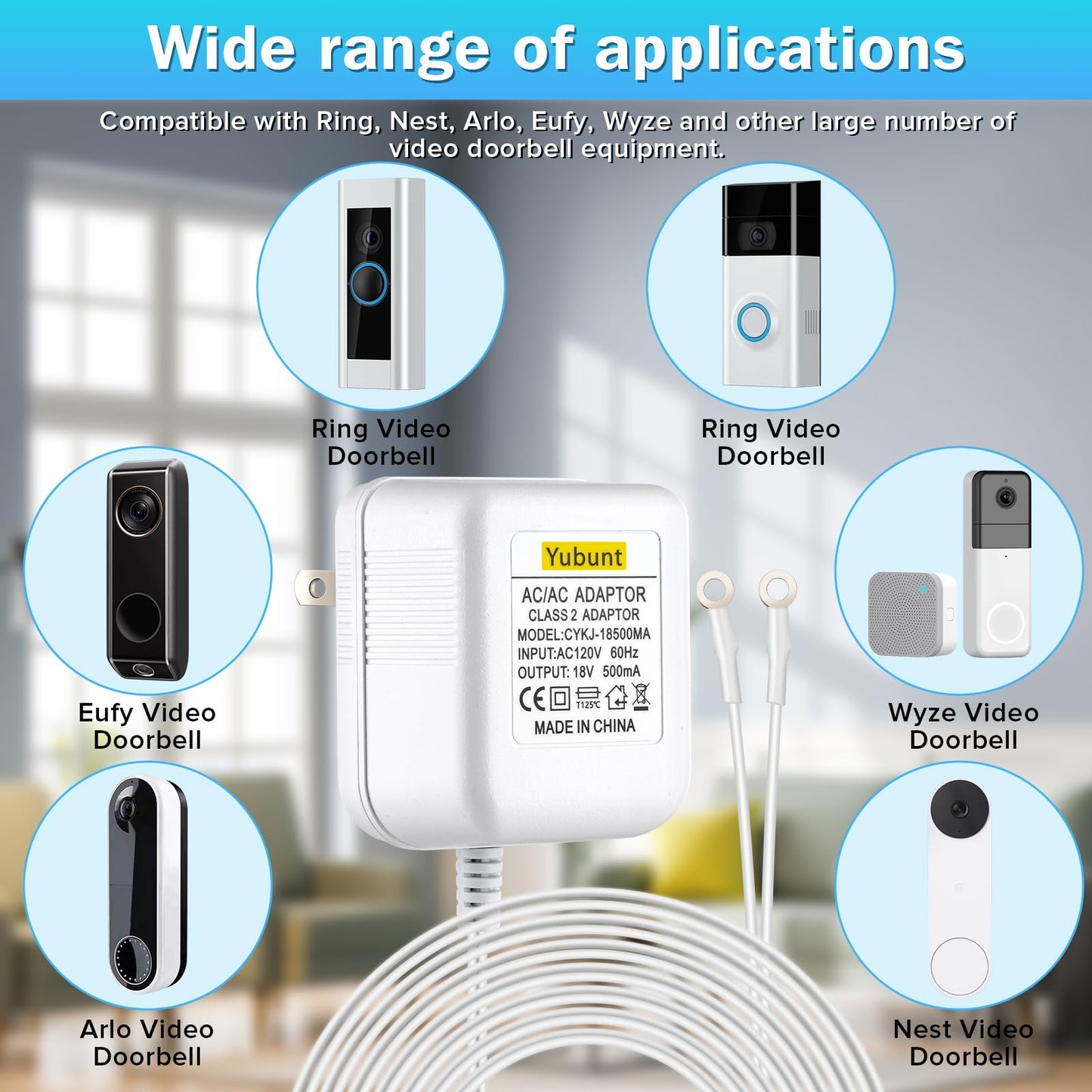 18V 500mA Doorbell Transformer, Video Doorbell Power Adapter Compatible with Nest, Wyze, Eufy, Ring, and Arlo Wireless Video Doorbells. White-1Pcs (19.6Ft Power Cord)
