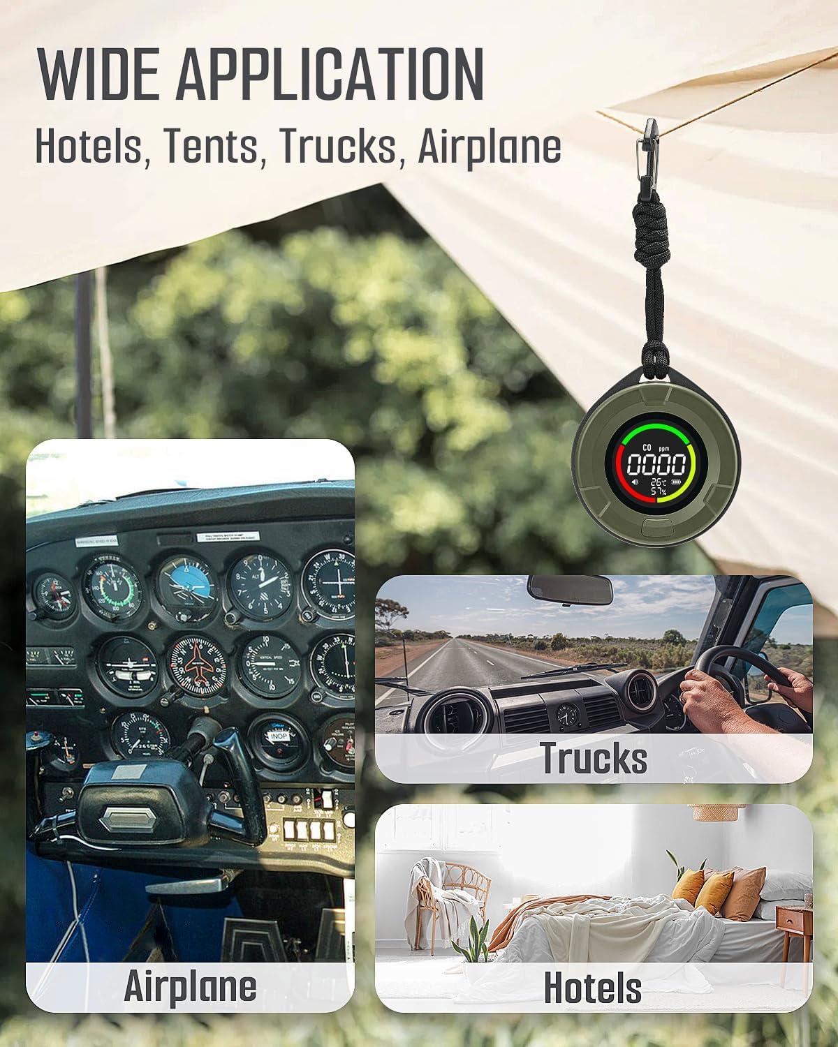 Portable Carbon Monoxide Detector DS-100 - 3-in-1 CO Monitor with Magnetic Back & 140H Standby for Travel, Camping, Hotel, Car & RV