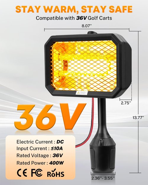 Kohree Golf Cart Heater Electric 36V with Infinite Temperature Adjustment, Wind-Resistant Carbon Fiber Heating Golf Cart Warmer Battery Operated for EZGO/TXT/Yamaha