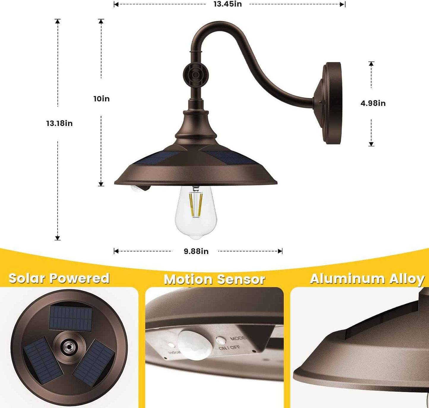 Solar Barn Light Outdoor - 3 Modes Vintage Gooseneck Waterproof Motion Sensor (2 Pack)