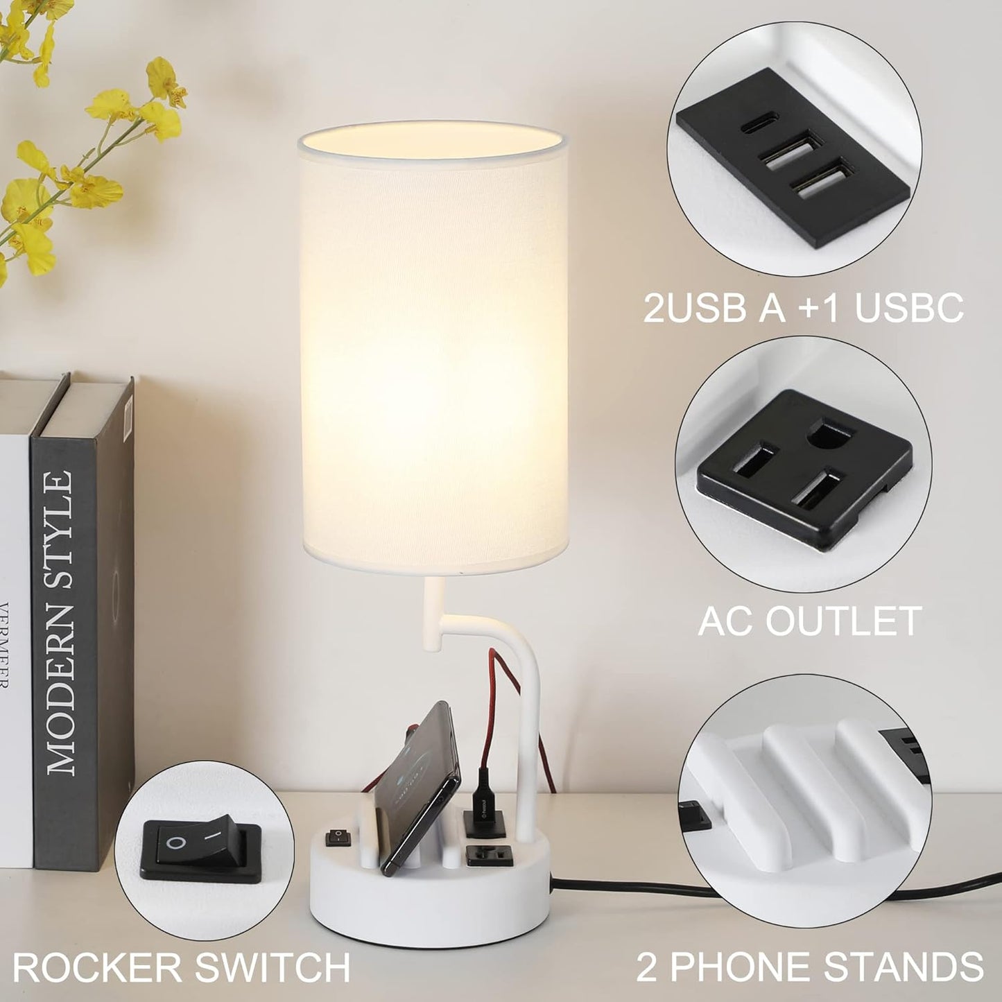 Modern Table Lamp with 3 USB Ports & AC Outlet - Set of 2 Bedside Desk Lamps in Silver