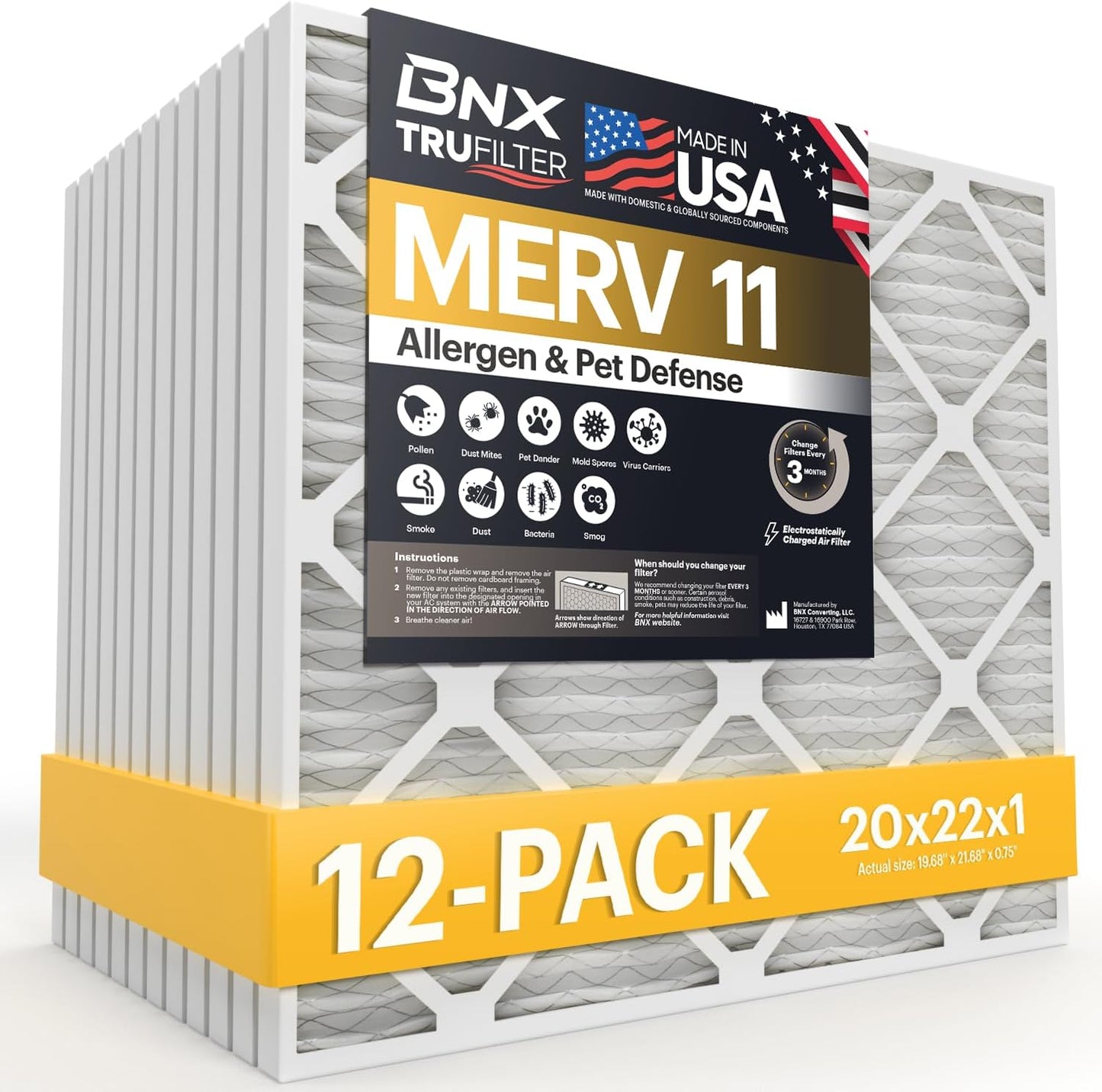 BNX TruFilter 12x12x1 MERV 8 Air Filters (6-Pack) - USA-Made Dust & Pet Defense for HVAC