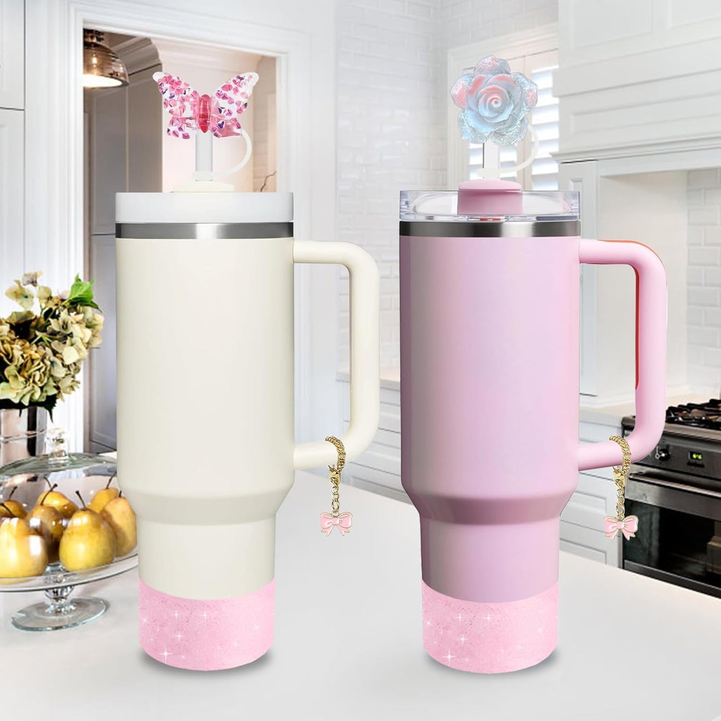 Stanley Cup Accessories Set - 2 Straw Covers, Silicone Stopper & Cute Charm | Fits 40 & 30 Oz Tumblers (Peony 2.0)