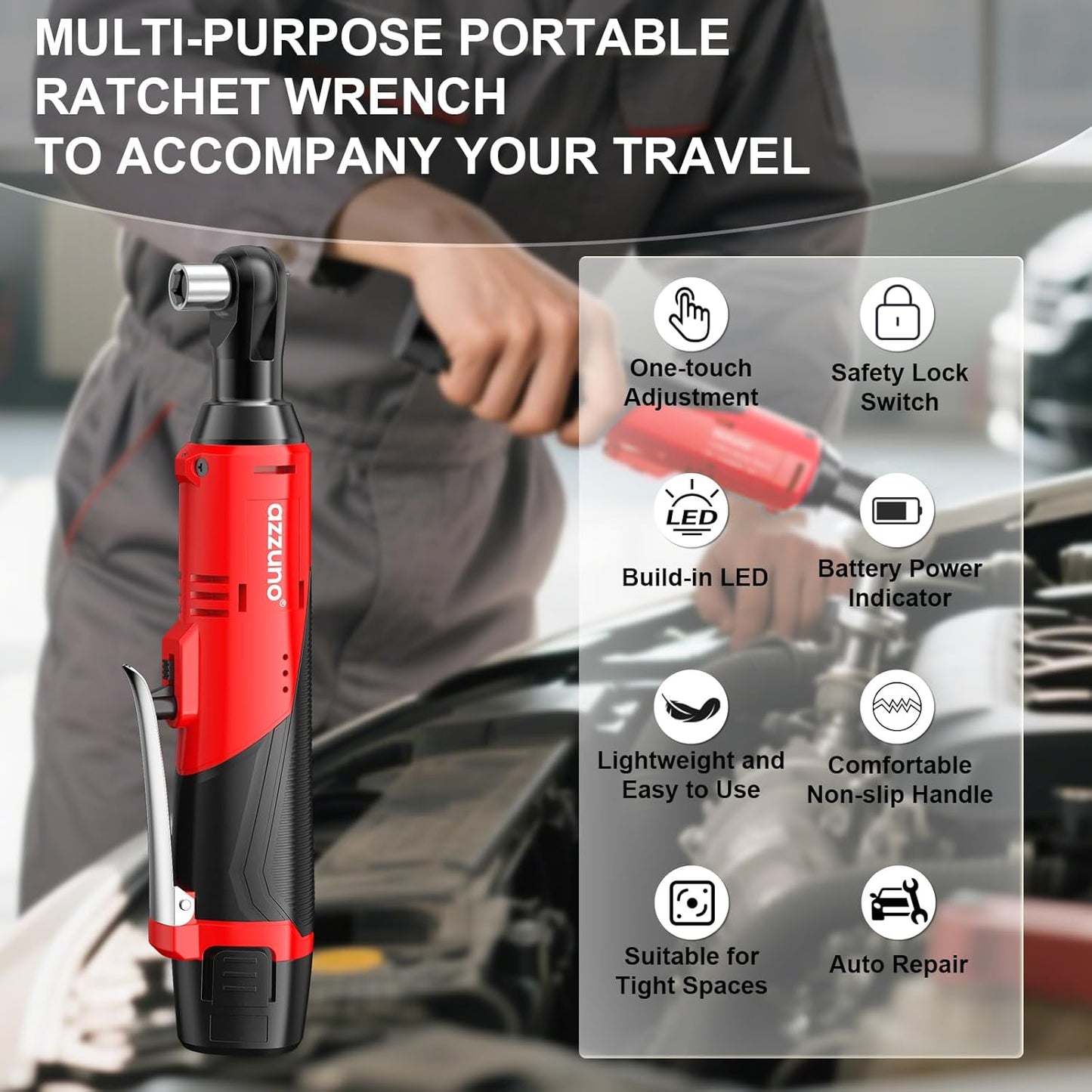 AZZUNO Cordless Electric Ratchet Wrench Set - 30 Ft-lbs, 300 RPM, 2 Batteries & 7 Sockets