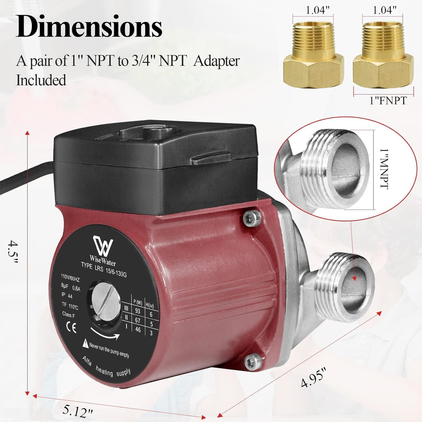 WiseWater 304 Stainless Steel Hot Water Recirculating Pump, 3-speed with 3/4'' NPT Adapters, 110 V Pressure Booster Pump for Floor Heating, Radiator Heating, Hot Water Supply (Red)