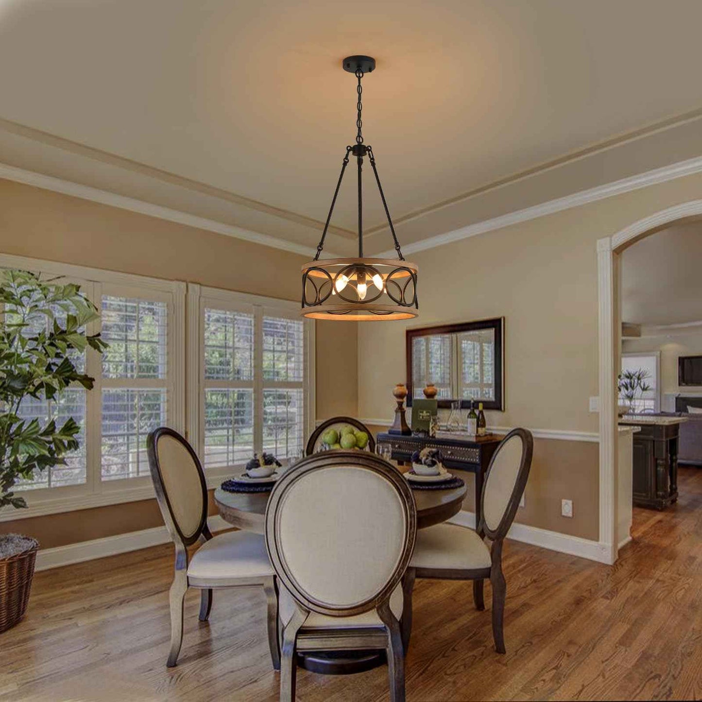 3WWWUEE 16โโ Chandelier Farmhouse Style Black and Wood Hanging Light Fixture 3-Light Pendant Lighting with 47'' Height Adjustable Chain Dining Room, Living Room, Kitchen Island E12 Base - AJ9016P3WDBK