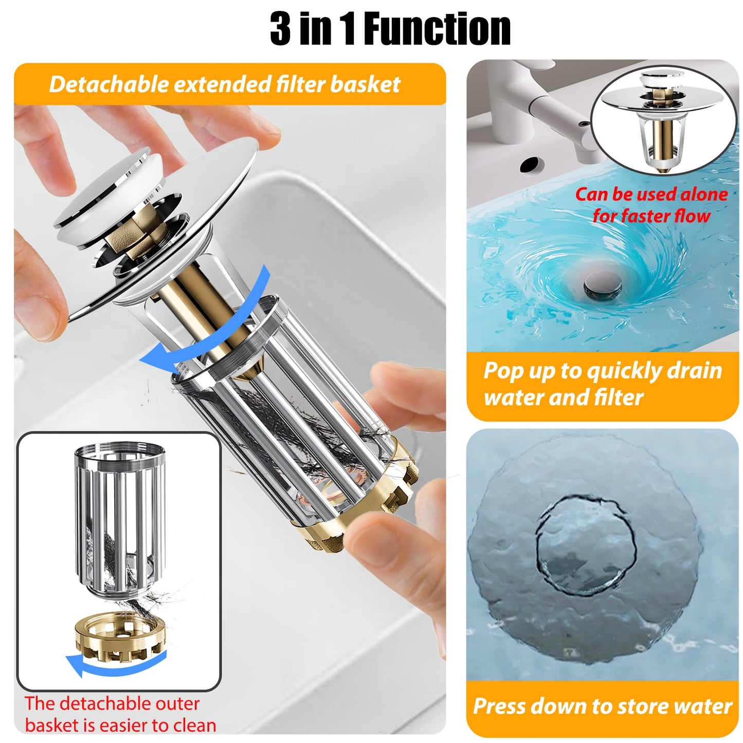 Anlige Bathroom Sink Drain Strainer, 3 in 1 Pop Up Bathroom Sink Stopper with Removable Brass Basket Hair Catcher, Universal Sink Plug for 1.06 to 1.6in Drain Hole, Chrome Silver