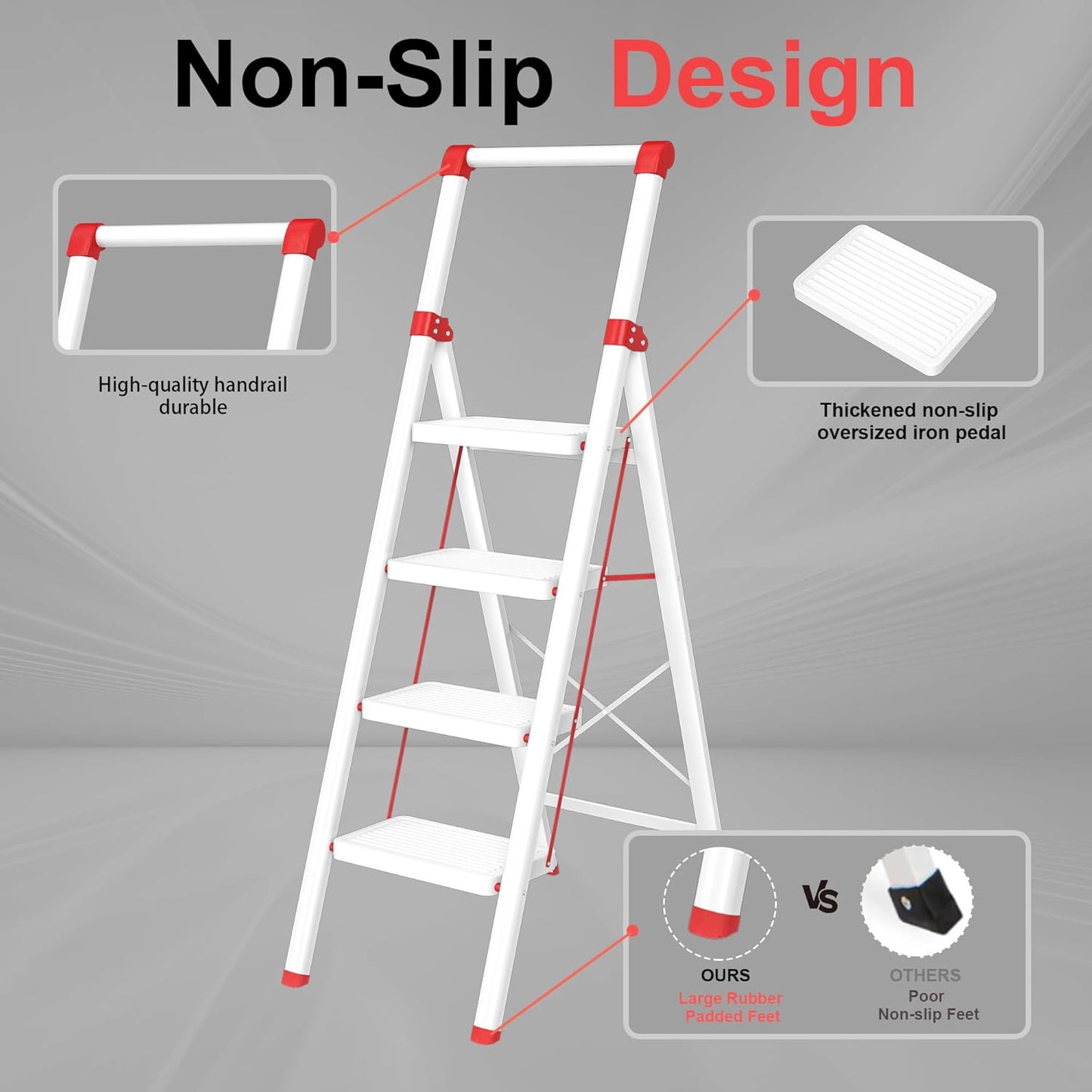 DIAMONDFORGE 4-Step Folding Ladder - Sturdy Steel Construction, Anti-Slip Pedals & Feet, Handgrip - Home Use, White & Red