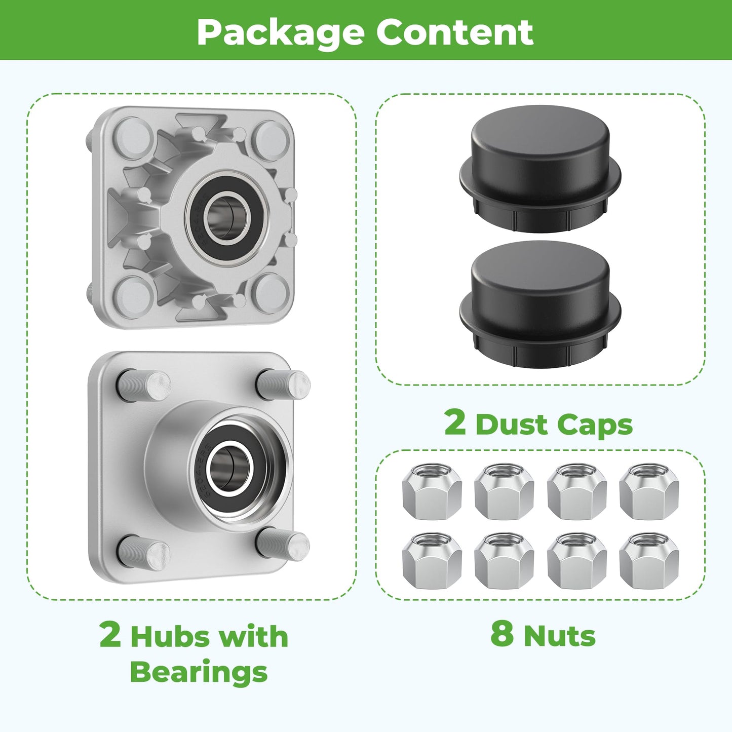 10L0L Golf Cart Front Wheel Hub Assembly for Club Car DS & Precedent 2003 up/Tempo 2018 up, OEM# 102357701 with Hub Bearing/Oil Seal/Dust Covers (2 Packs)