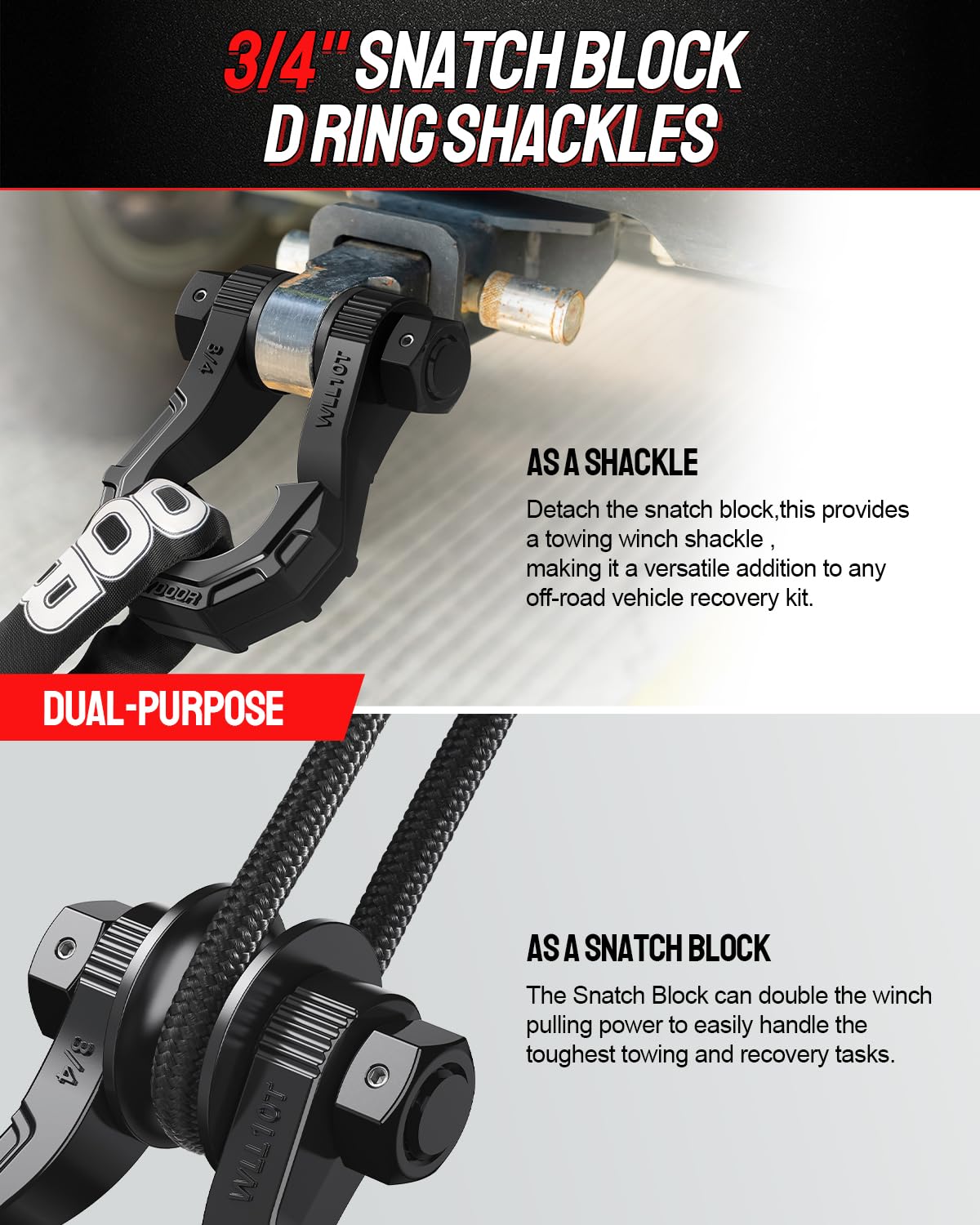 DAYDOOR D Ring Shackles with Snatch Block, 45,000Lbs Break Strength Towing Winch Shackle, 3/4" Heavy Duty Shackles with 7/8" Screw Pin for Off Road Vehicle Recovery(2 Pack, Black)