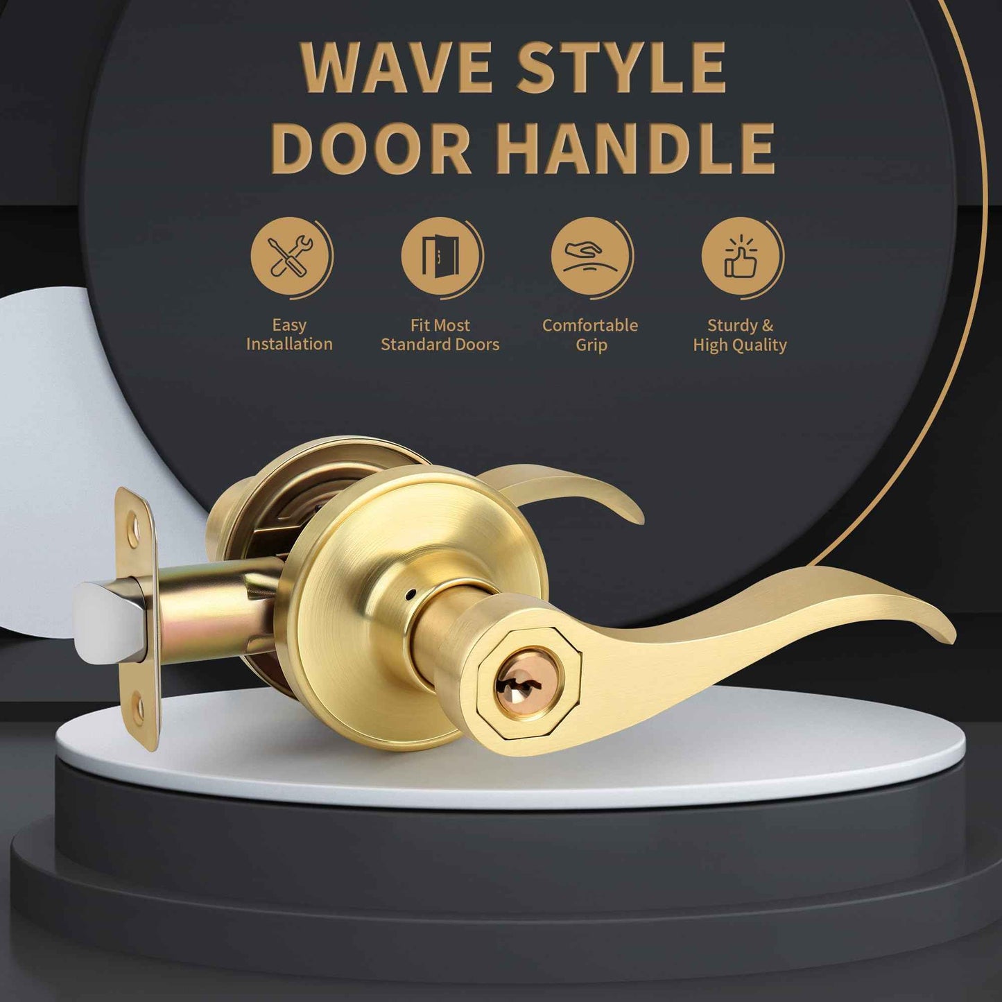 Gaurqiah 5 Pack Brushed Gold Door Handles Interior Wave Style(Keyed Alike), Keyed Entry Gold Door Handles with Same Key and Lock, Reversible Door Lever for Bedroom、Bathroom、Closet, Satin Brass