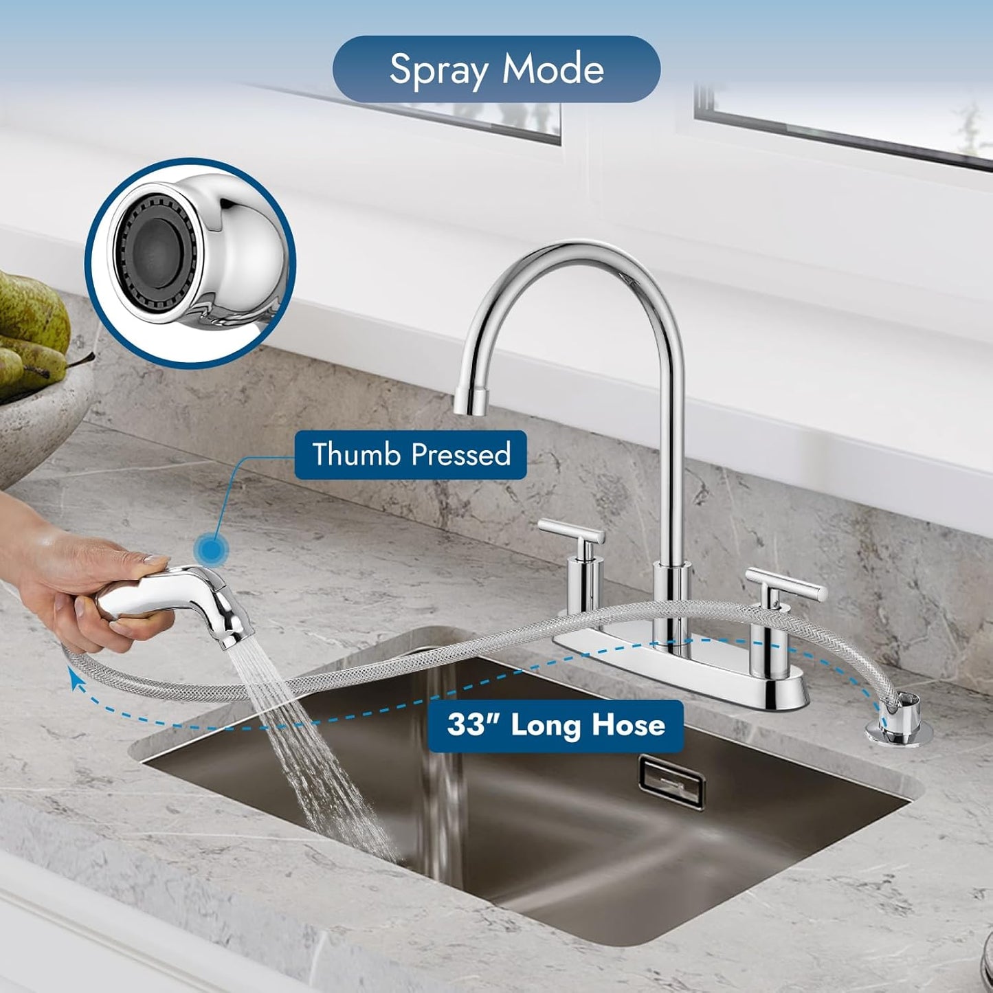 Brushed Nickel Kitchen Faucet with 360° Rotating Spout & Side Sprayer - 2 Handle, 8 Inch Centerset