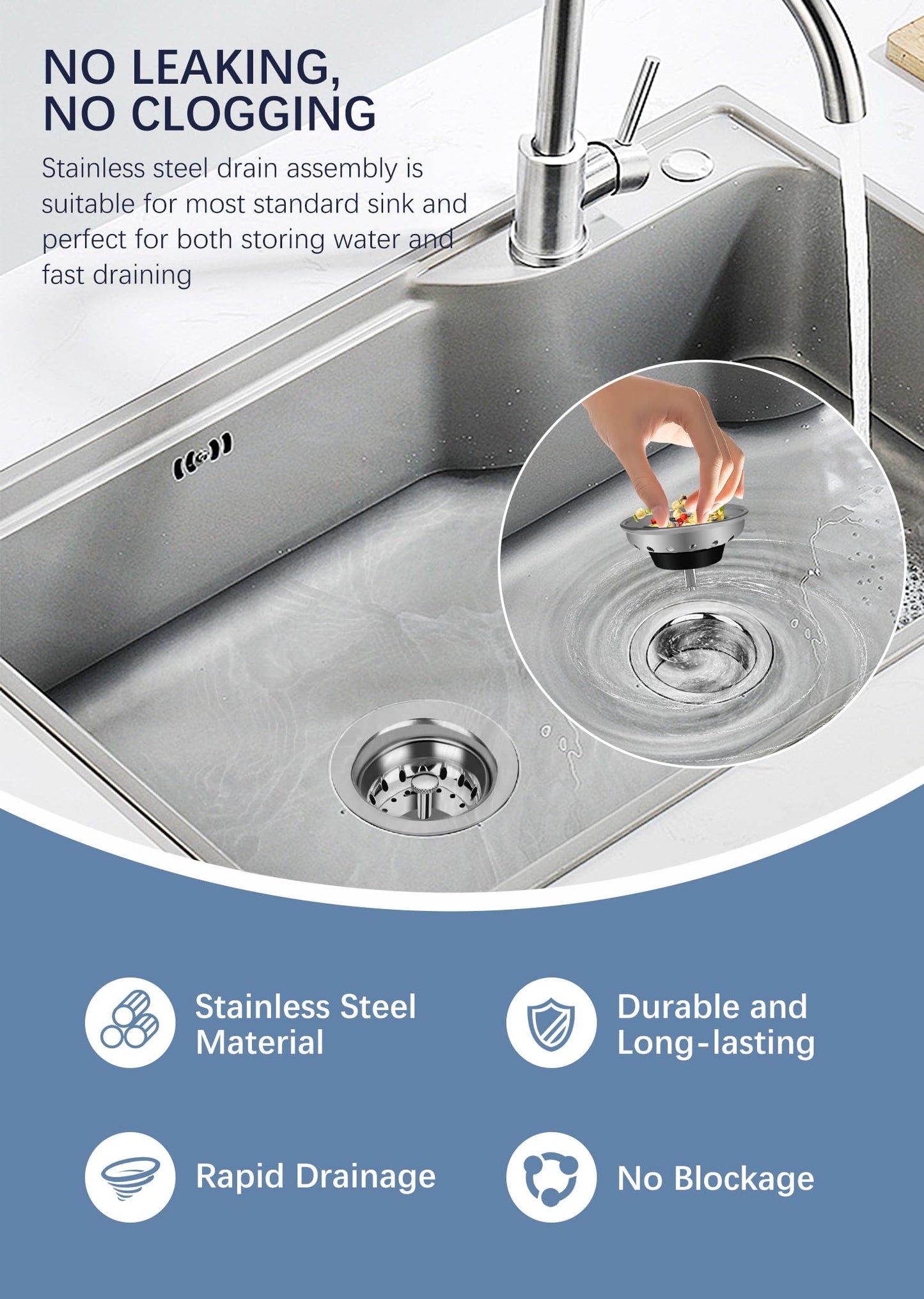 Sepaitek Stainless Steel Commercial Kitchen Sink Drain Assembly for Restaurant Kitchen Sink, 3-1/2 inch Kitchen Sink Drain Kit with Strainer and Stopper, Rustproof and Leakproof