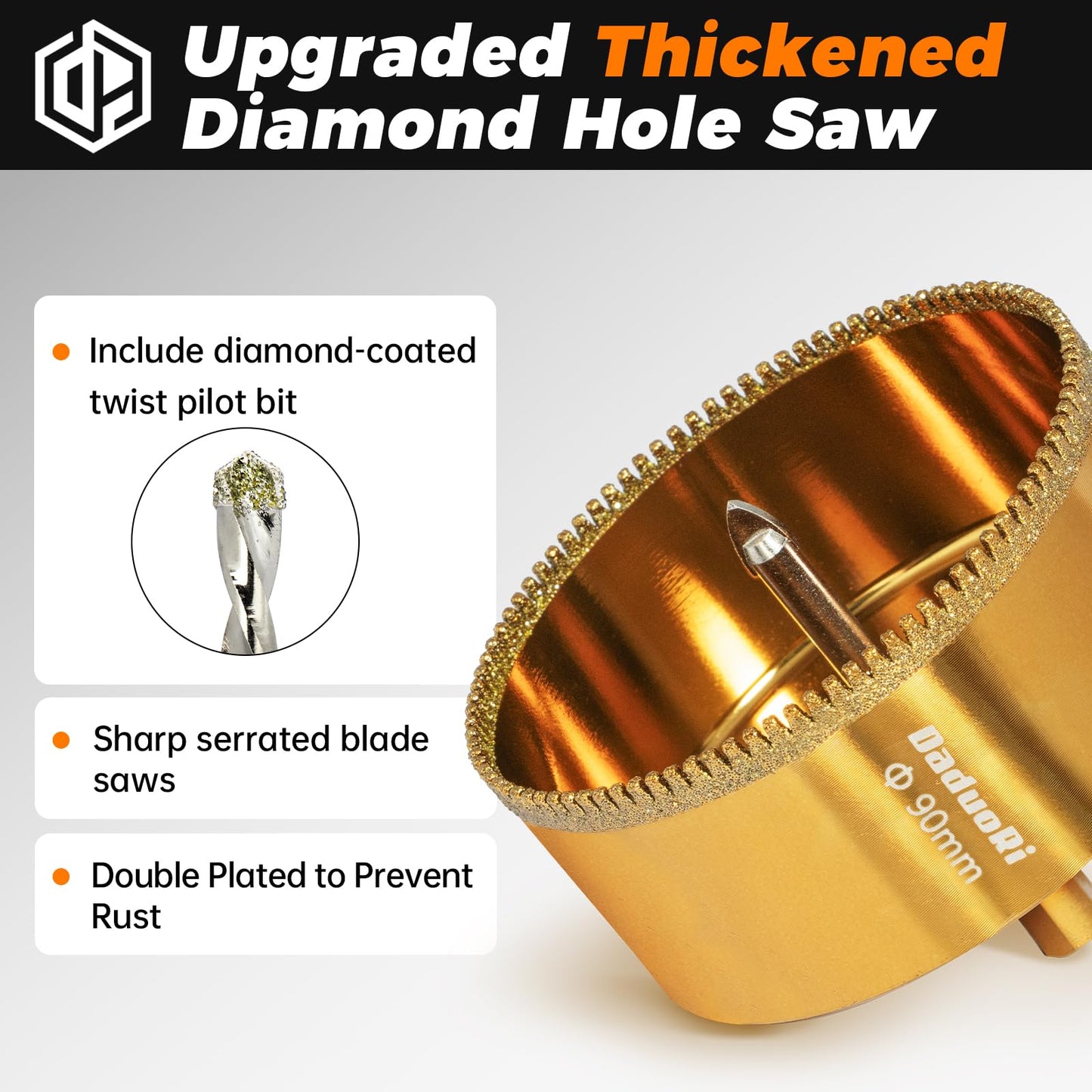 DaduoRi 1" Serrated Diamond Hole Saw with 2Pcs Removable Pilot Bits, Easy-Align for Precise Drilling in Porcelain, Ceramic Tile, Granite, and Marble (1 inch Granite Drill Bit)