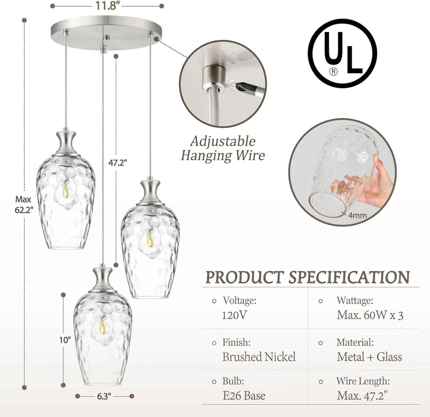 Brushed Nickel Glass Pendant Light Fixture - Modern 1-Light Hanging Lamp for Kitchen Island & Dining Room