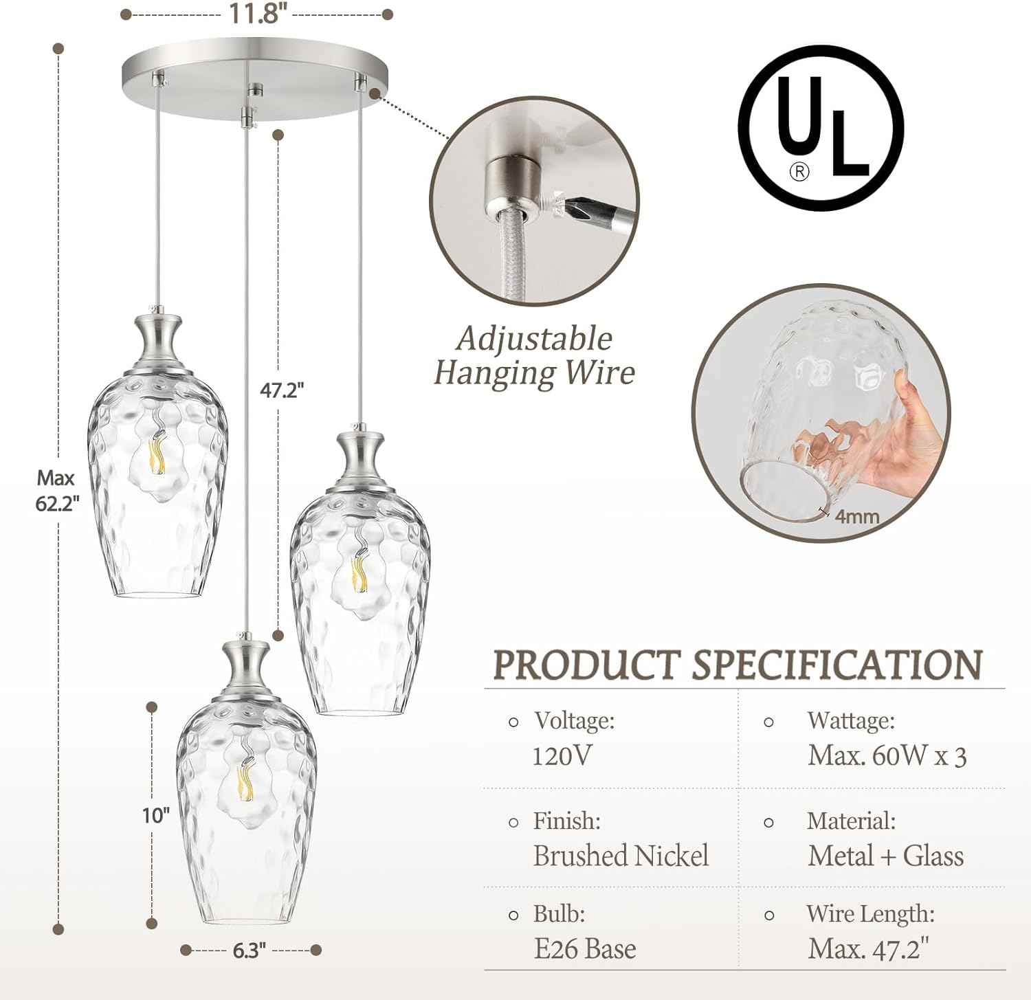 Brushed Nickel Glass Pendant Light Fixture - Modern 1-Light Hanging Lamp for Kitchen Island & Dining Room