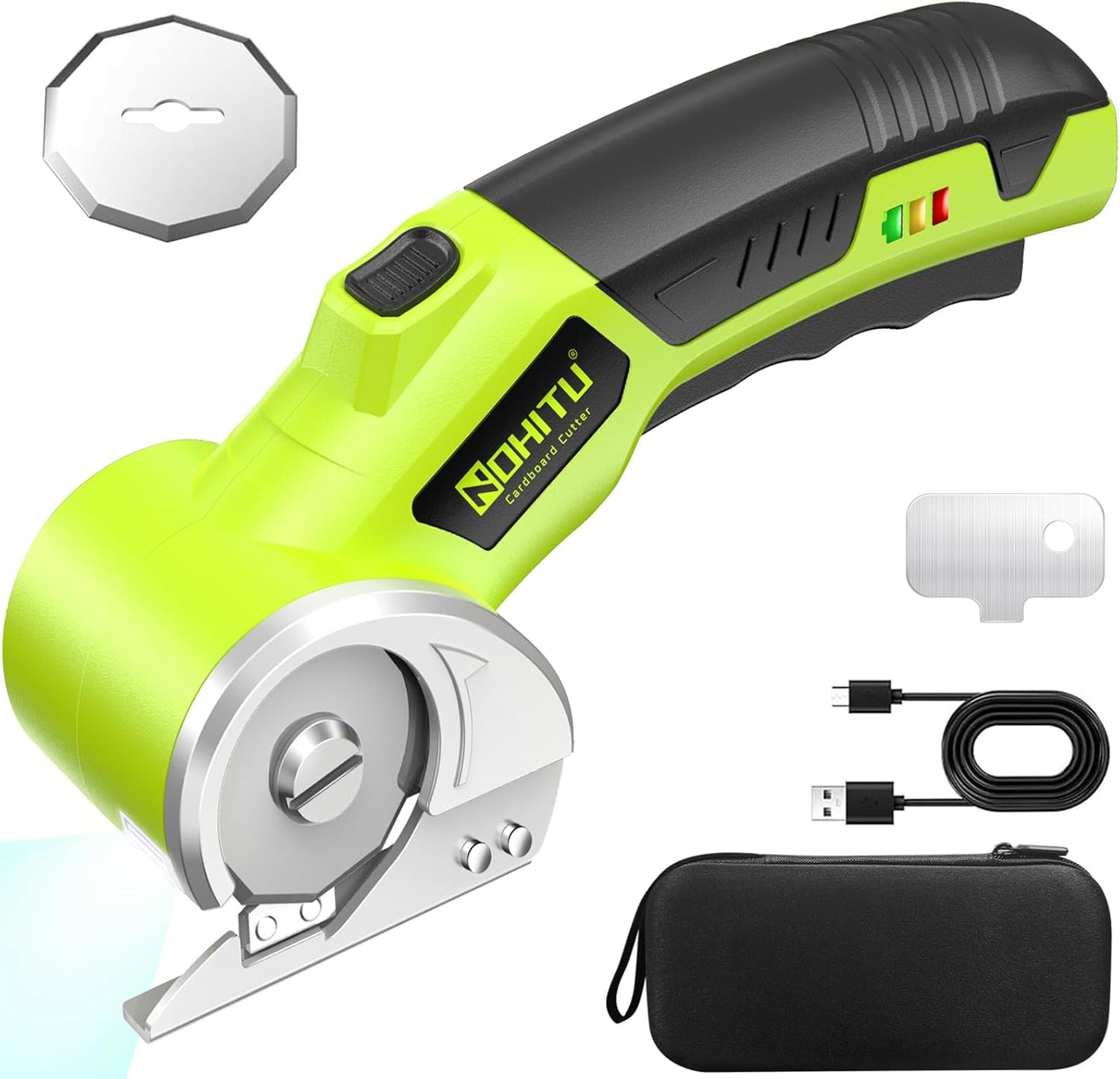 Rechargeable Cordless Electric Scissors - 4V Rotary Cutter with LED Light & 2 Blades for Fabric, Cardboard, and Plastic