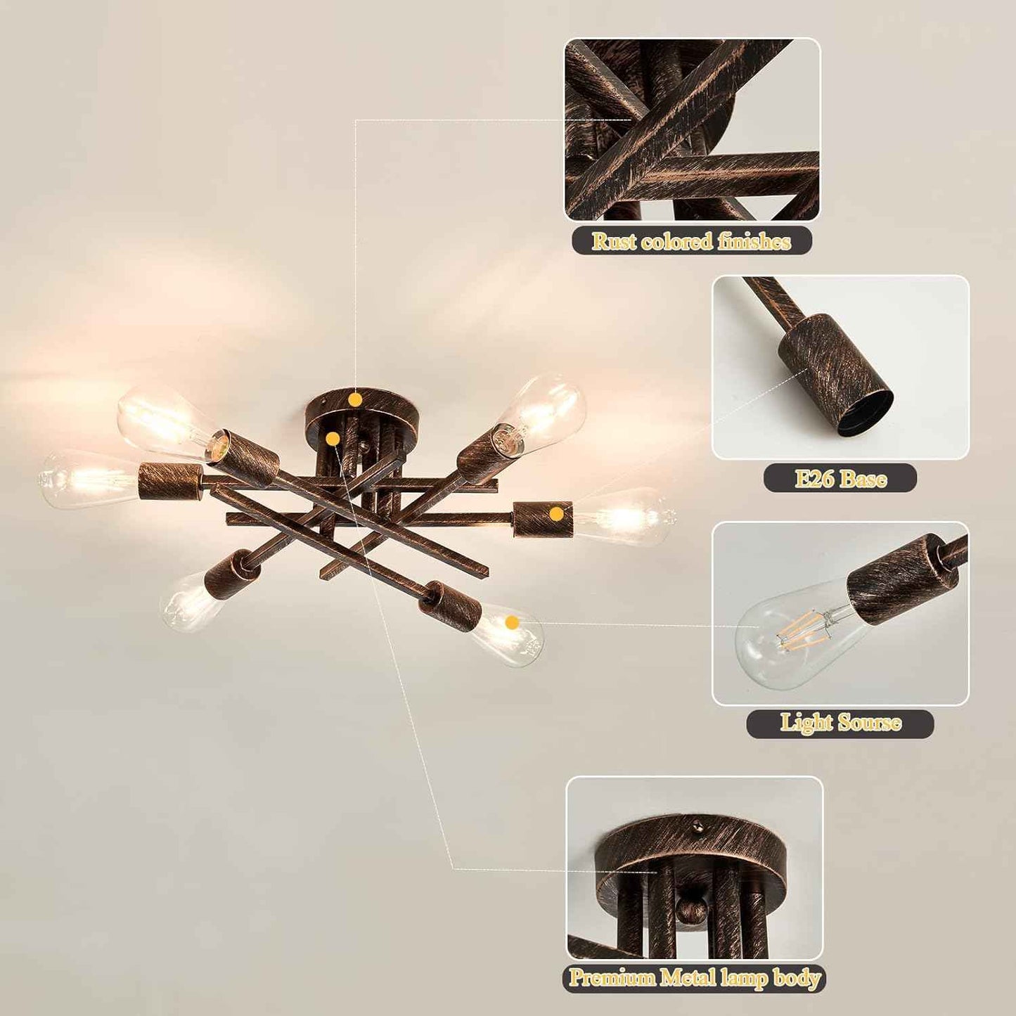 Gold Modern 6-Light Semi Flush Mount Ceiling Light Fixture - Vintage Sputnik Chandelier for Kitchen, Dining & Living Room