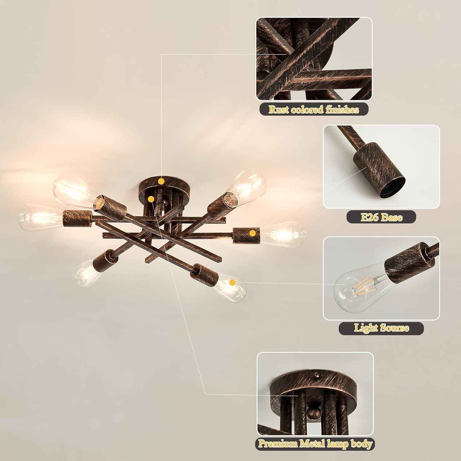 Gold Modern 6-Light Semi Flush Mount Ceiling Light Fixture - Vintage Sputnik Chandelier for Kitchen, Dining & Living Room