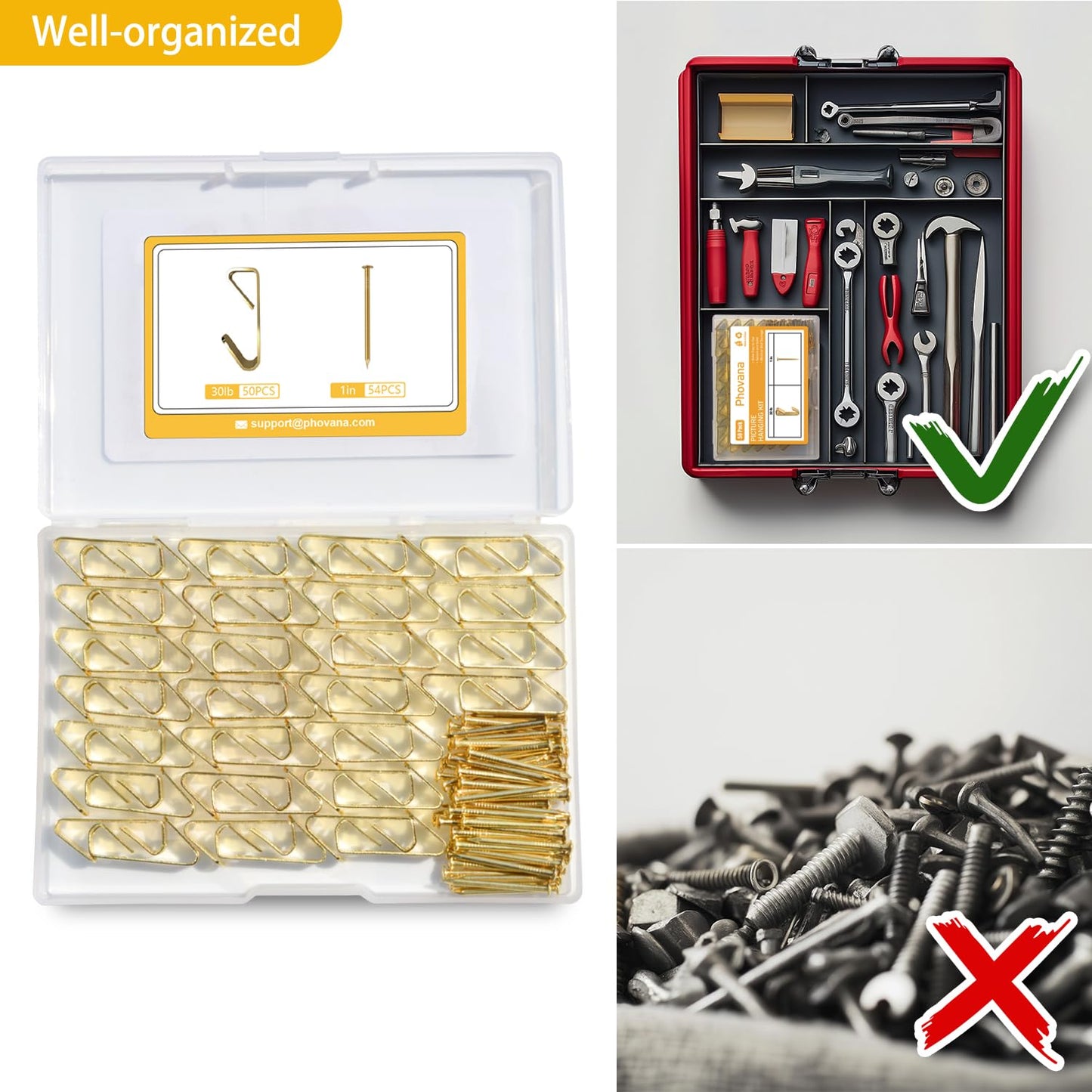 Phovana Picture Wall Hanger, 30 lb Drywall Plaster Picture Hangers, Picture Hanging Hooks, Picture Hanging Hardware, Picture Frame Hangers, Painting Hangers, Wall Hooks for Hanging Pictures, 50 Pack