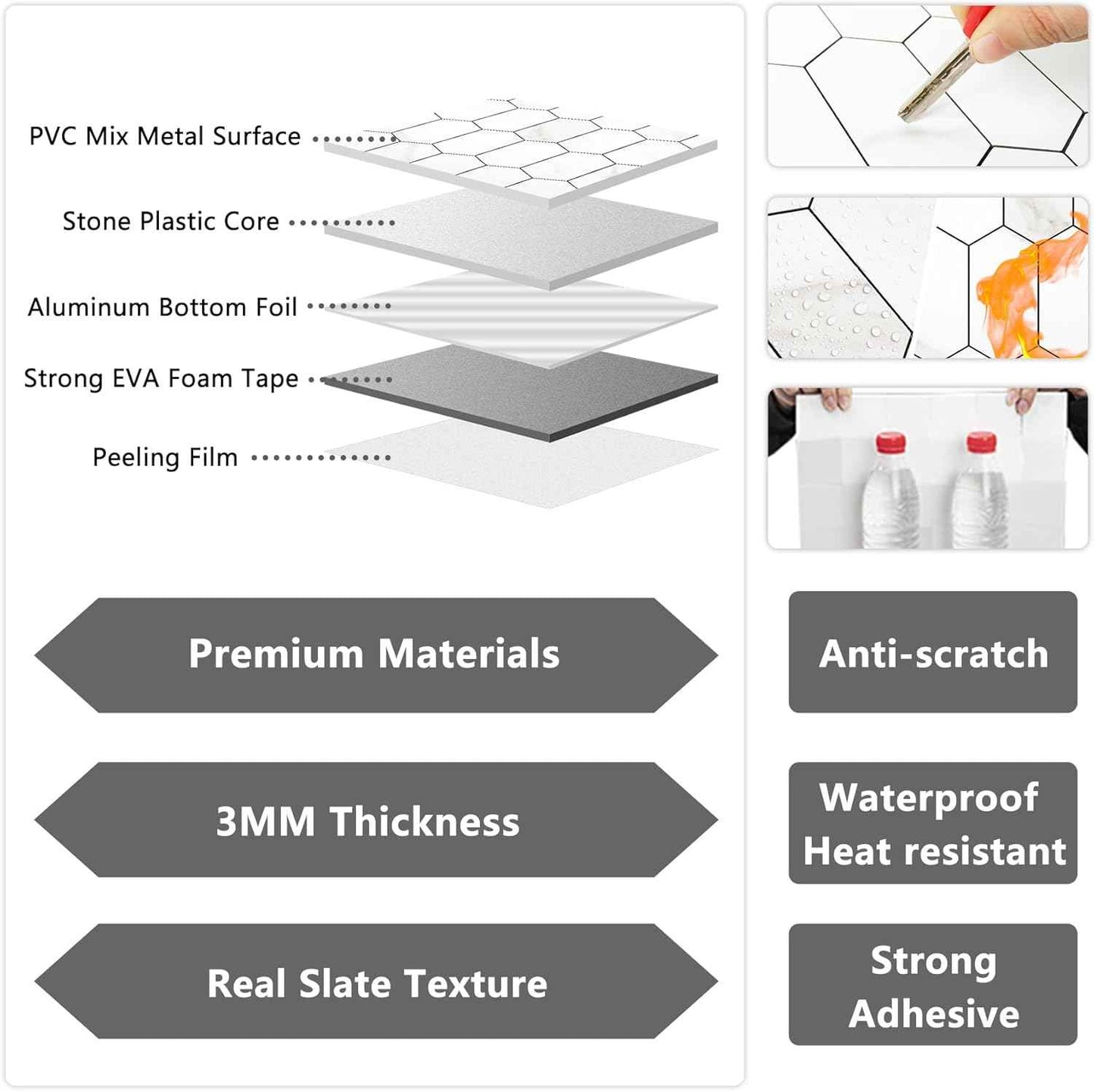 Glossy Wood Grain Peel and Stick Backsplash Tile - 10 Sheets Hexagon Mosaic for Kitchen & Bathroom, 12.4 x 12 Inch