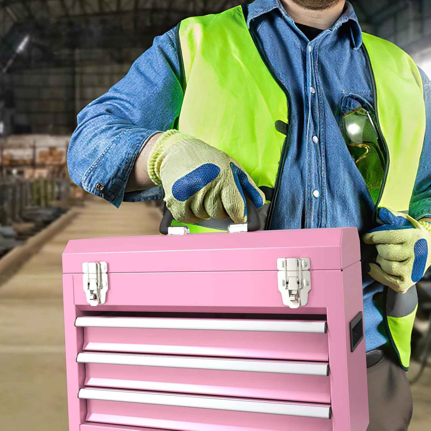 Portable Pink 3-Drawer Steel Tool Box with Locking System for Tool Storage