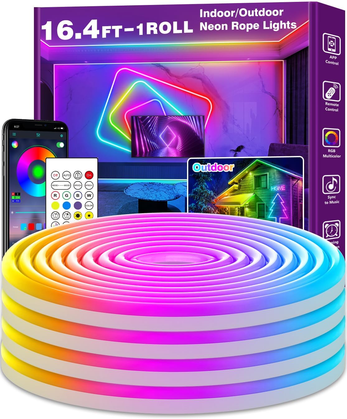 60FT SINLEY LED Neon Rope Lights - App/Remote Control, Waterproof RGB for Indoor/Outdoor Use
