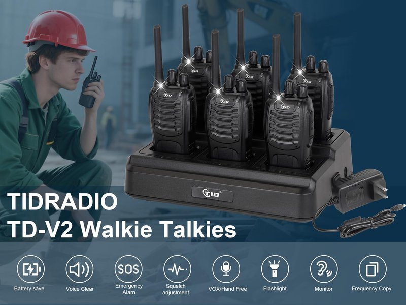 TIDRADIO Walkie Talkies Long Range Two Way Radios with 6-Way Multi Unit Charger, Acoustic Tube Headset & Mic, Hands Free VOX, Frequency Copy, Flashlight for Adults School Church Camping- TD-V2, 6 Pack