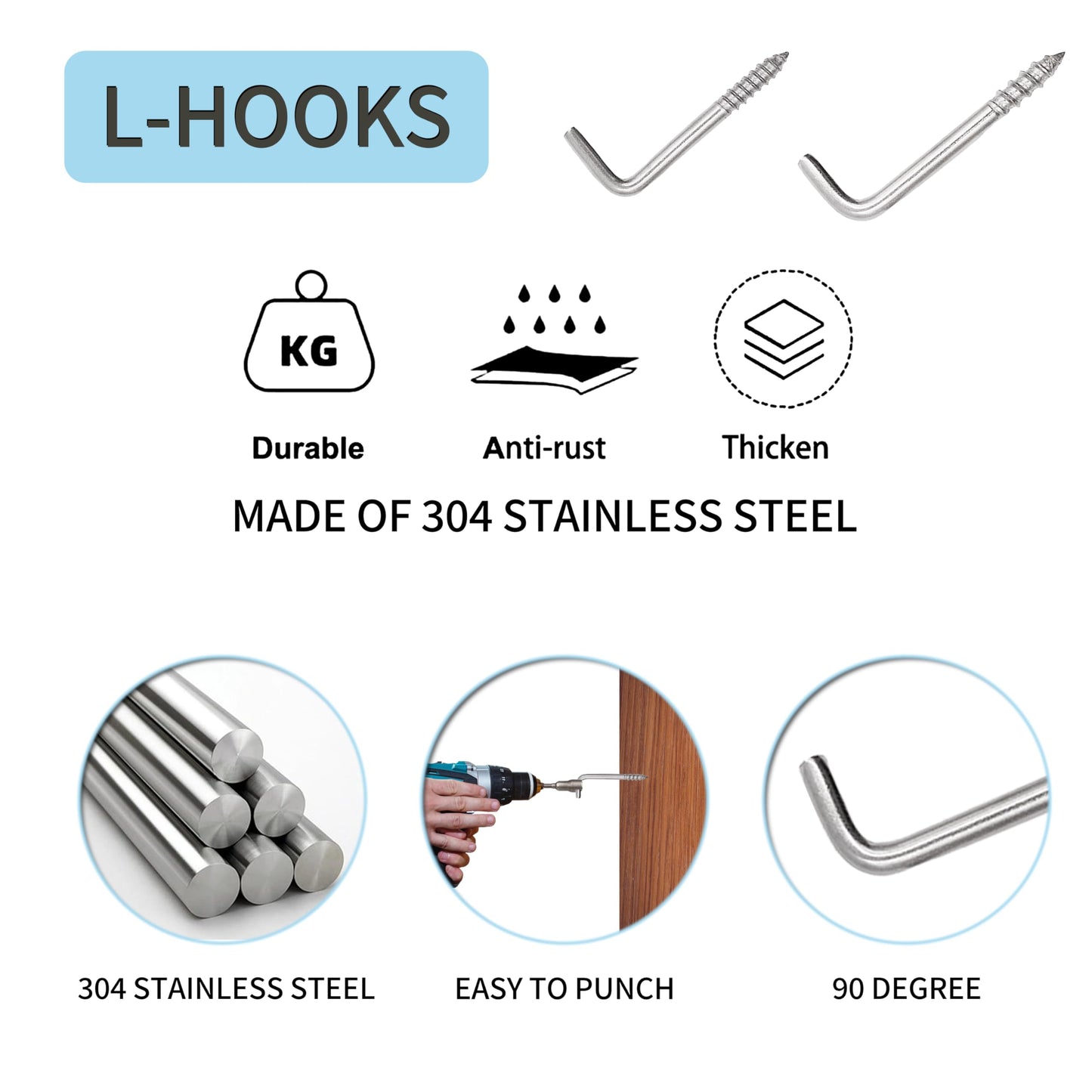 soimuk 304 Stainless Steel 2 in Screw-in Hooks 20 Pcs,7 Shape Screw Hooks,Right Angle Medal Hooks l Shaped Screw in Hooks for Hanging