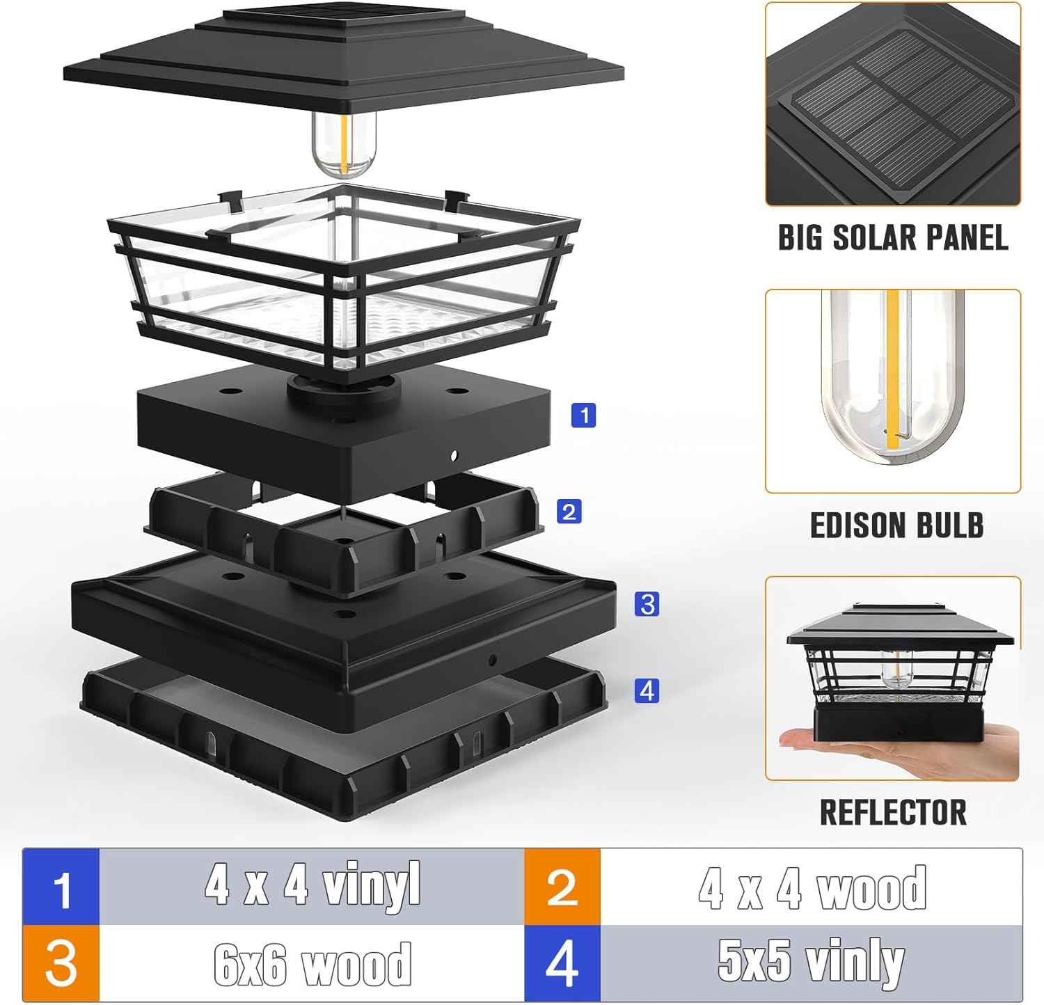 Solar Post Cap Lights 8-Pack - Adjustable Brightness Warm White, IP64 Waterproof, Vintage Edison Bulbs for 4x4, 5x5, 6x6 Fence & Deck Posts - Black
