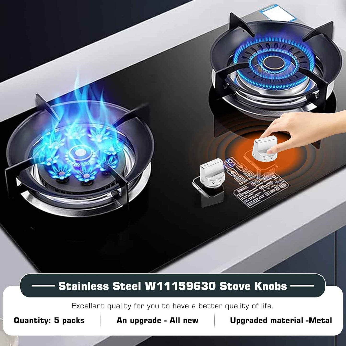 Whirlpool Stove Knob Replacement - Stainless Steel W11159630 Gas Range Knobs (5 Pcs)
