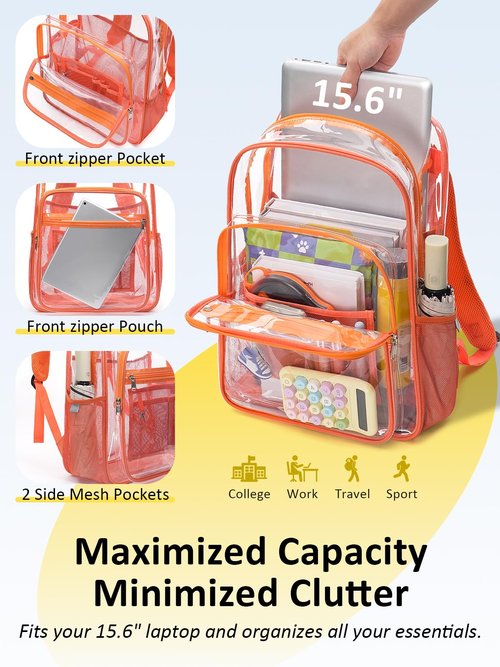 QOECI Clear Backpack Heavy Duty With A TSA Lock, 18 Inch Large Clear Back pack, Transparent See Through Bookbag for College, Work, Travel, Sport- Orange