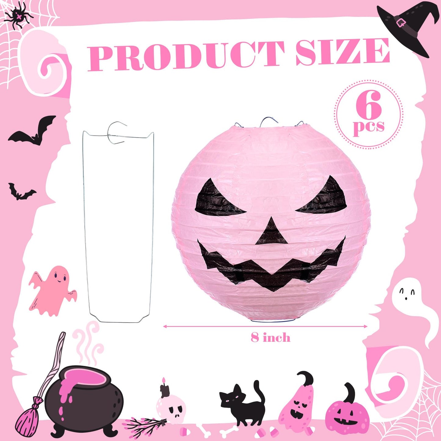 Riakrum 6 Pcs 8 Inch Halloween Jack O Paper Lantern Decoration Halloween Pink Pumpkin Paper Lantern Hanging for Indoor Outdoor Garden Party Decoration