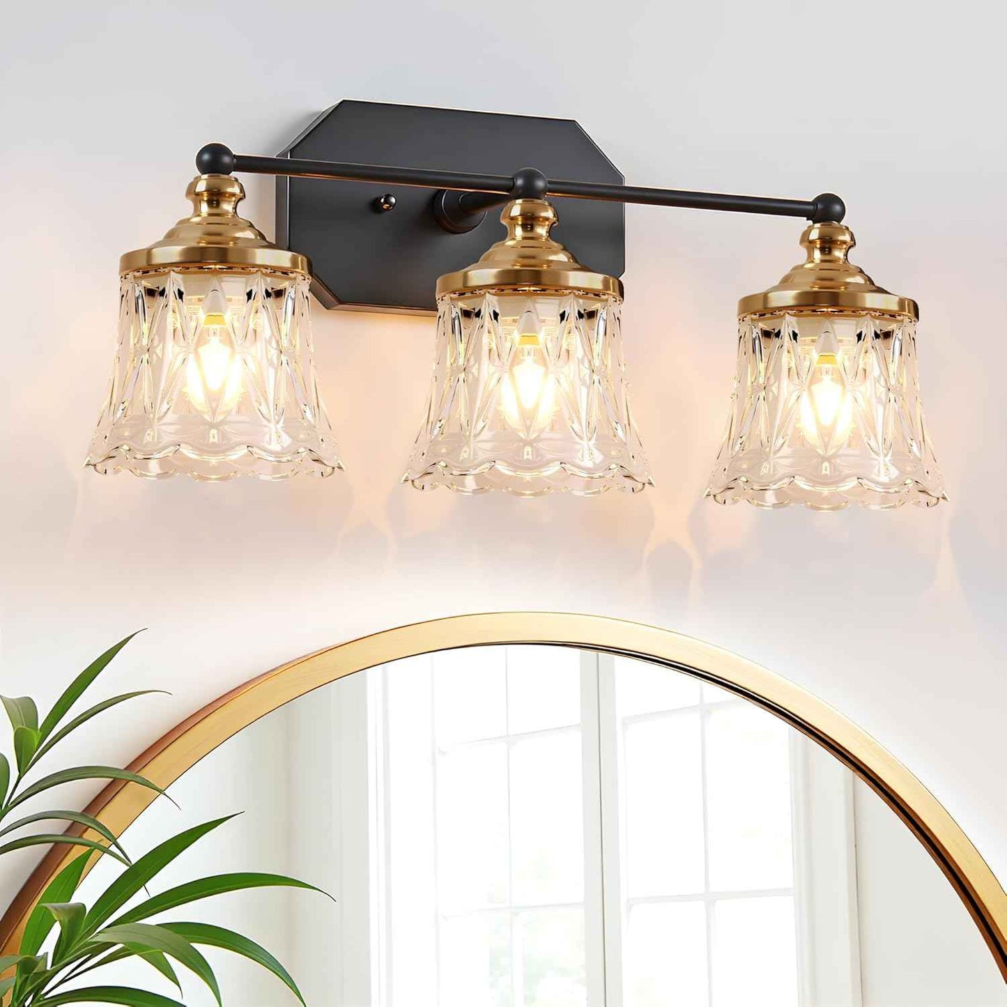 3-Light Vintage Bathroom Vanity Light Fixture - Black & Gold Antique Design with Crystal Glass Shade